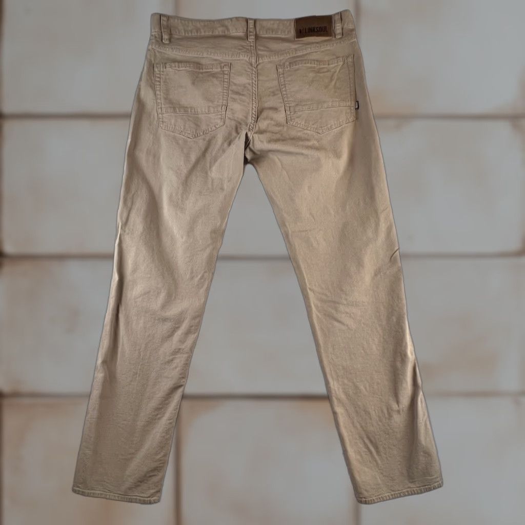 Vintage Linksoul Pants Jeans Mens 34x30 Beige Stretch Straight Leg Casual Golf Prep Chino 5-Pocket Logo Zipper Button Machine Washable Regular Size Inseam 30 Size US 34 / EU 50 - 1 Thumbnail