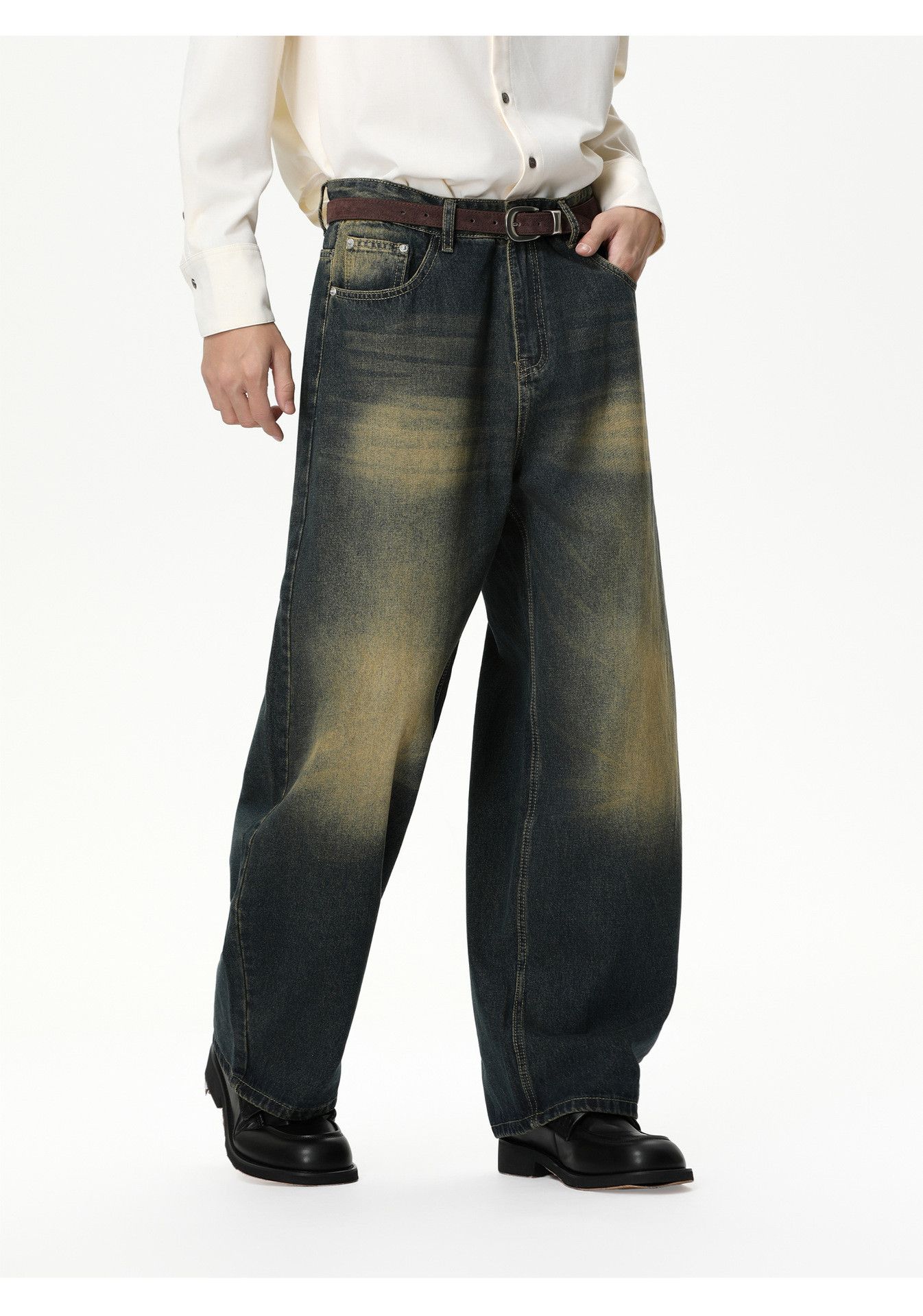 Vintage Japanese retro washed distressed wide-leg curved jeans Size US 32 / EU 48 - 4 Thumbnail