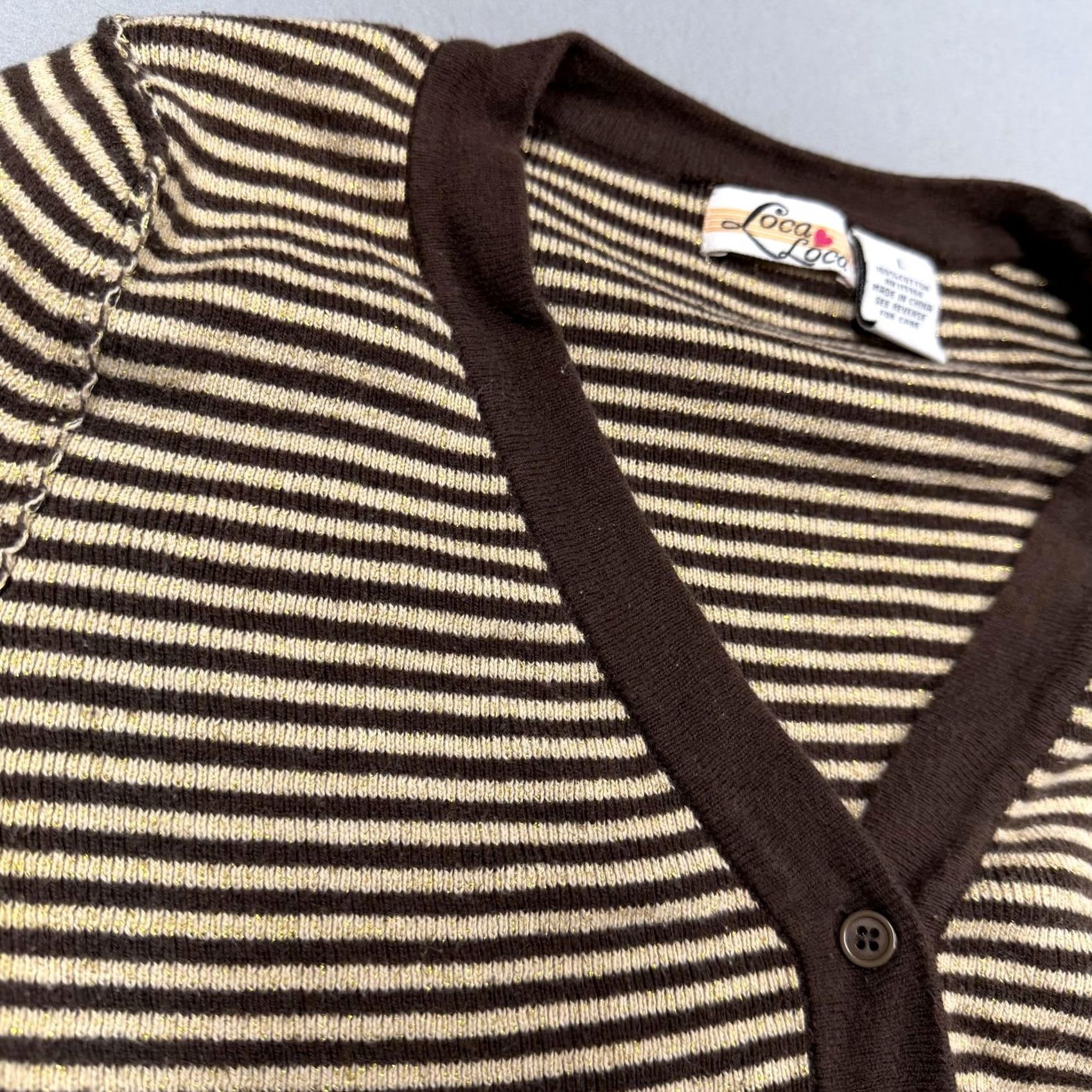 Vintage Loca Loca Sweater Cardigan Womens Large Brown Striped 100% Cotton V Neck Knit Bell Sleeve Casual Vintage: No Size L / US 10 / IT 46 - 3 Thumbnail
