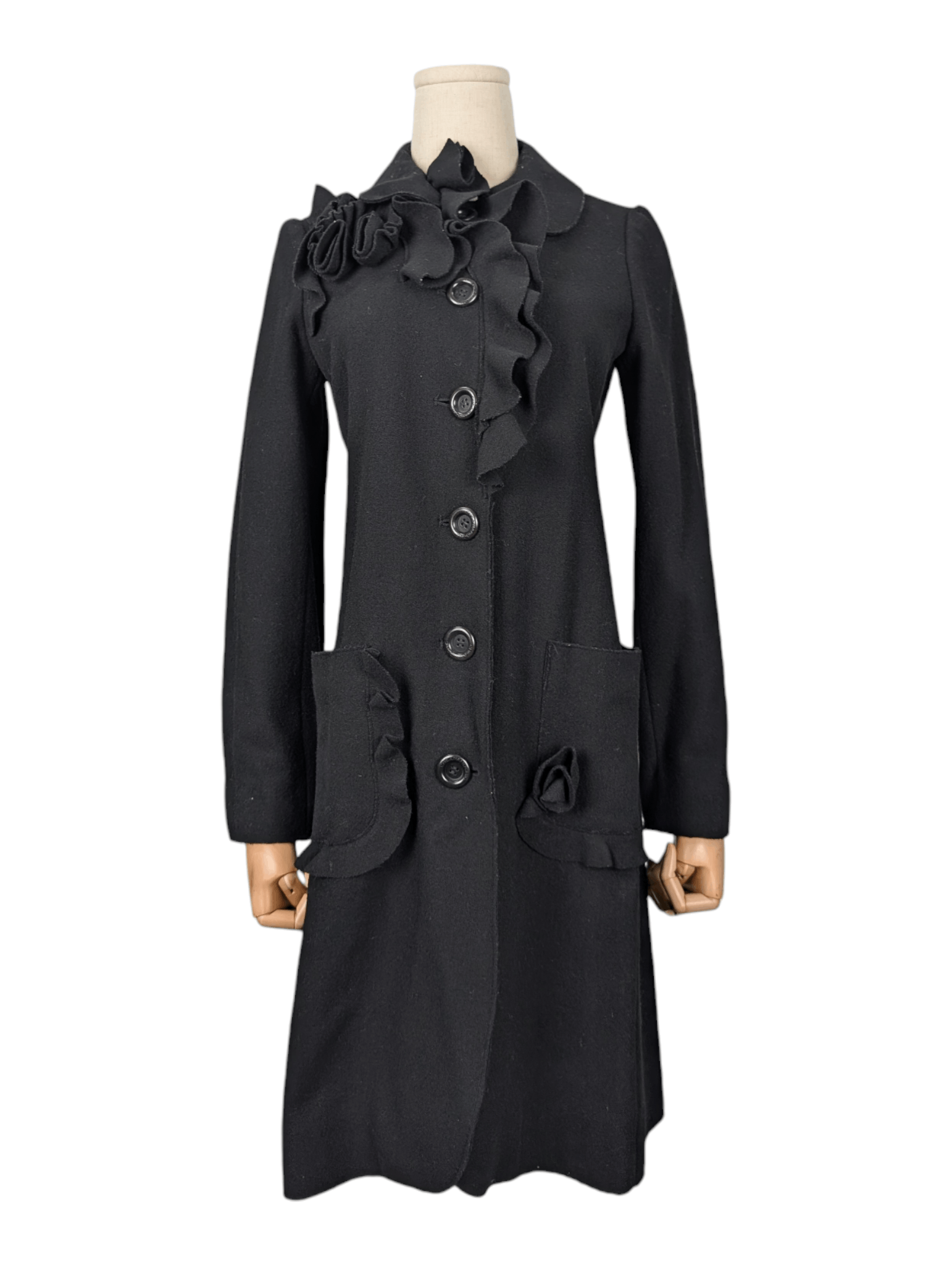 Moschino Black Wool Coat with Ruffle Collar Size S / US 4 / IT 40 - 1 Thumbnail