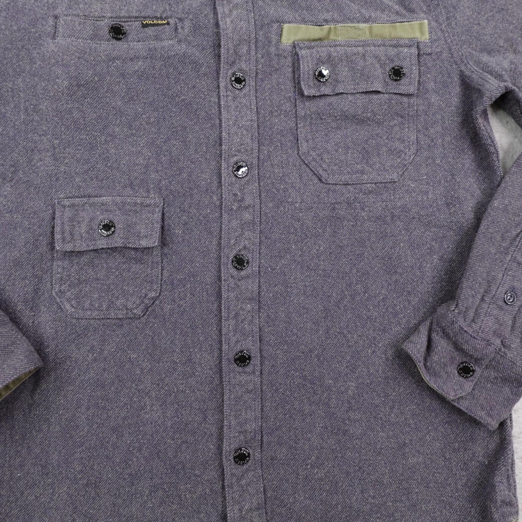 Volcom VINTAGE Volcom Jacket Mens Small Gray Delroy Flannel Shacket Elbow Patches Field Snap Up Slim Mid-Length Outdoors Mens Size US S / EU 44-46 / 1 - 4 Thumbnail