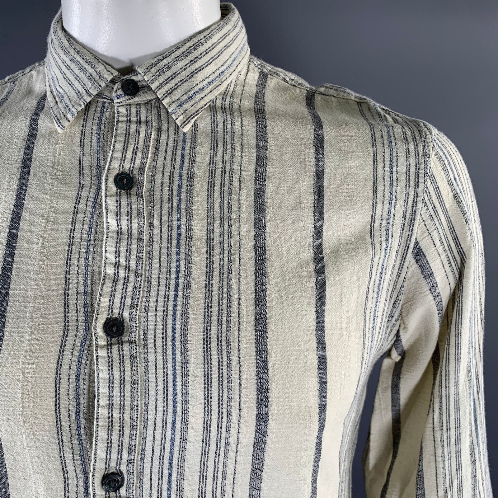 John Varvatos JOHN VARVATOS U.S.A. L Cream Blue Stripe Cotton L/S Shirt Size US L / EU 52-54 / 3 - 2 Thumbnail