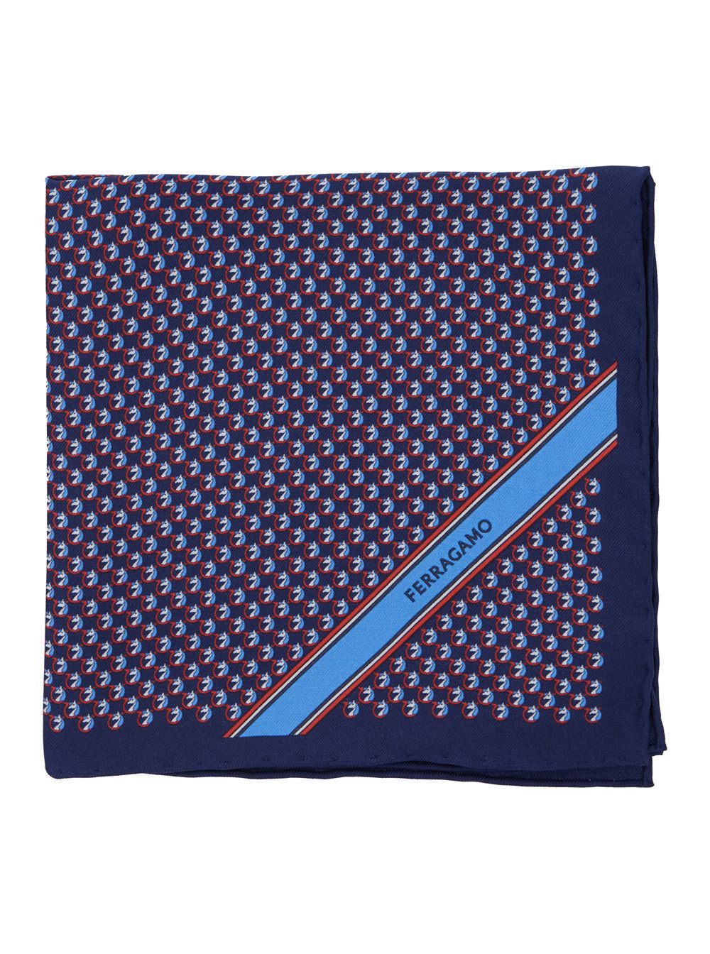 Blue Pocket Square with Gancini Print and Logo Lettering in Silk Man