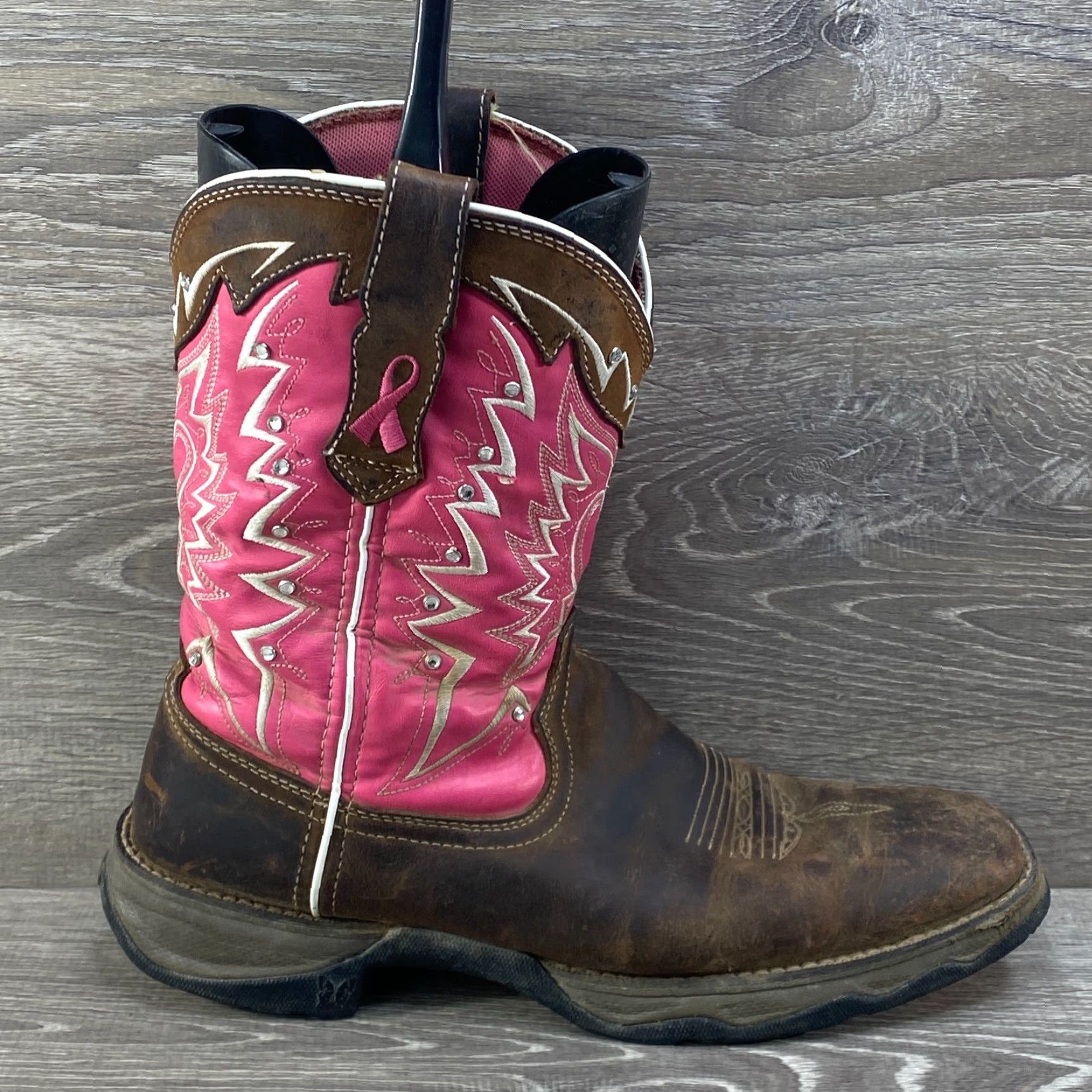 Durango VINTAGE Durango Womens Boots 11 Pink Brown Leather Western Lady Rebel Square Toe Cowboy - Breast Cancer Awareness - Pink Ribbon Womens Shoes Size US 9 / IT 39 - 2 Thumbnail