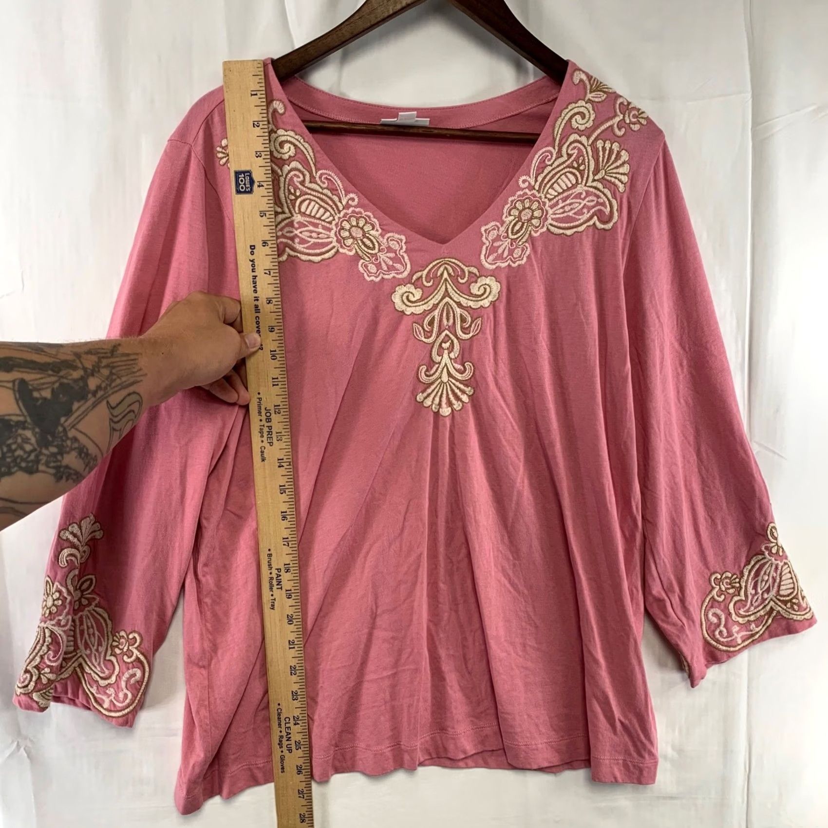 J. Jill J. Jill Womens Large Pink V-Neck T-Shirt Embroidered 3/4 Sleeve Cotton Modal Casual Size L / US 10 / IT 46 - 5 Thumbnail
