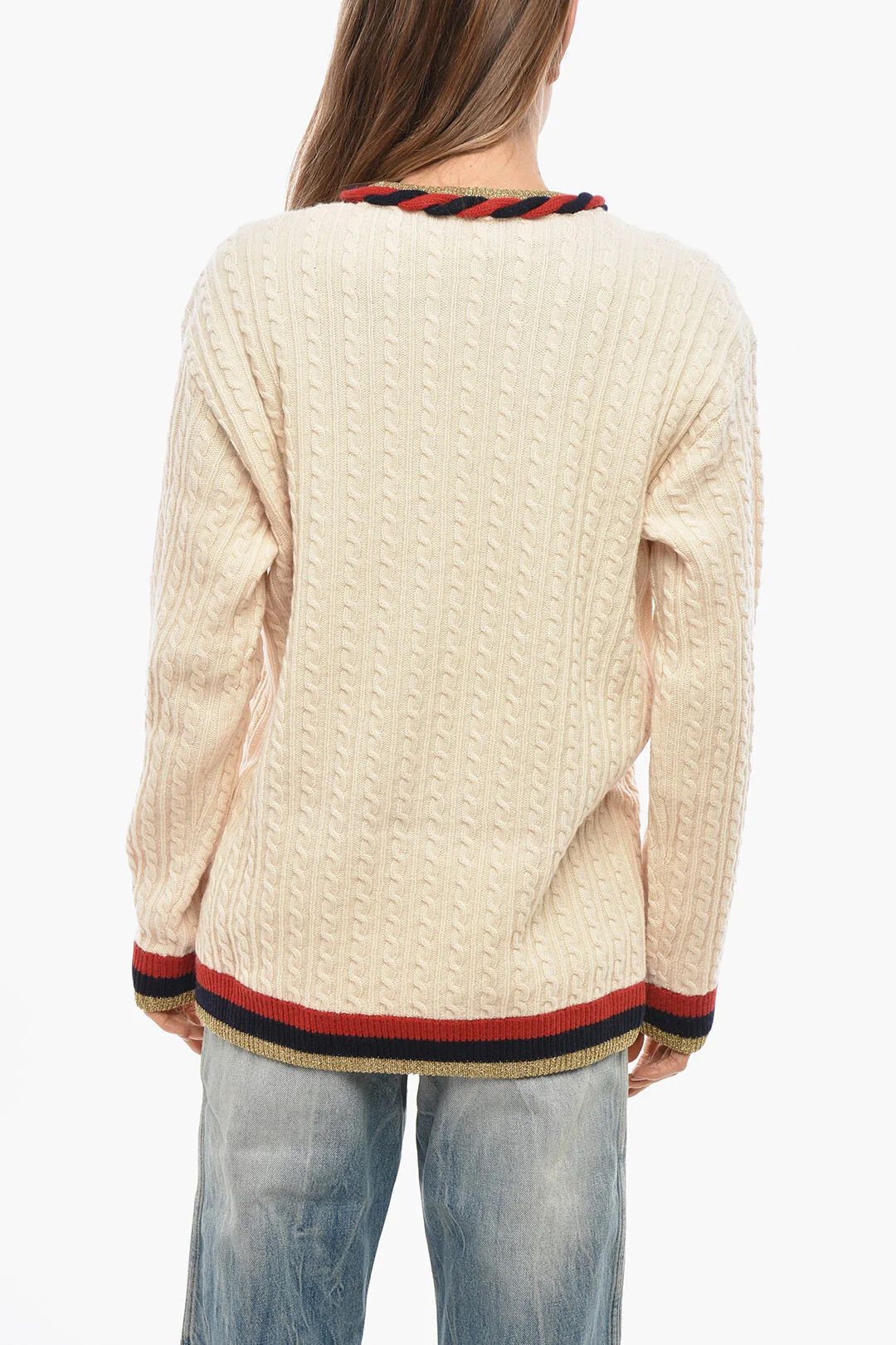 Gucci o1mm0326 Cashmere-Blend Cable Knit Crewneck Sweater in White Size S / US 4 / IT 40 - 3 Thumbnail