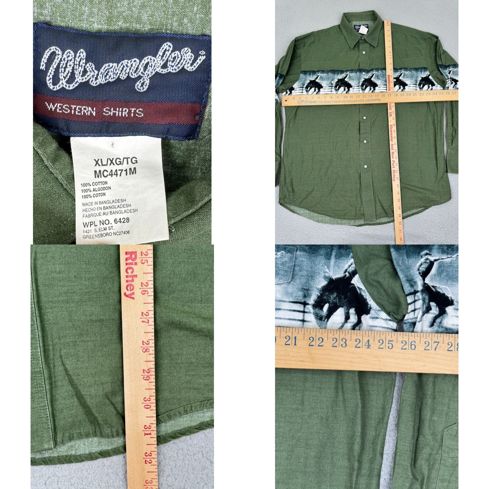 VINTAGE Wrangler Western Shirt Men XL Long Sleeve Green Cotton Cowboy Rodeo Button-up Western Apparel