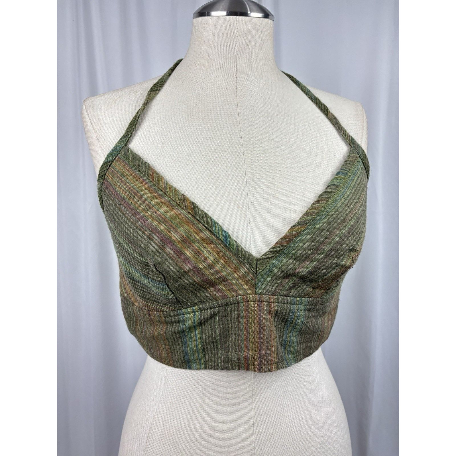 Other Lakhays Tied In A Bow Bralette Top Halter Green Stripe S/M Size S / US 4 / IT 40 - 2 Thumbnail