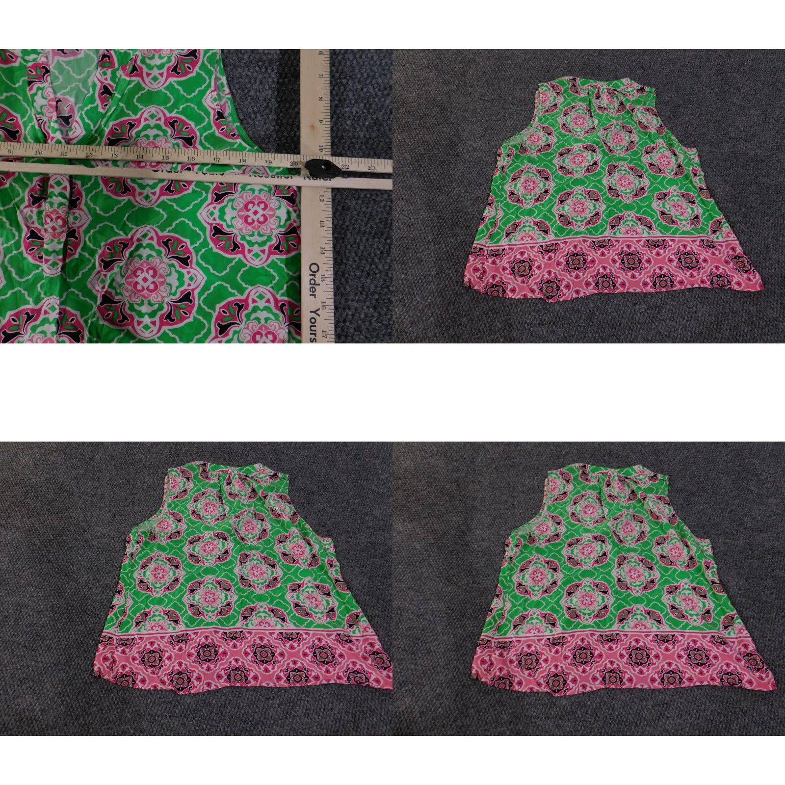 Vintage Crown & Ivy Blouse Womens Petites PXL Green Pink Sleeveless Floral Border Print Henley Button Short Neckline/Boho Casual Size XL / US 12-14 / IT 48-50 - 8 Thumbnail
