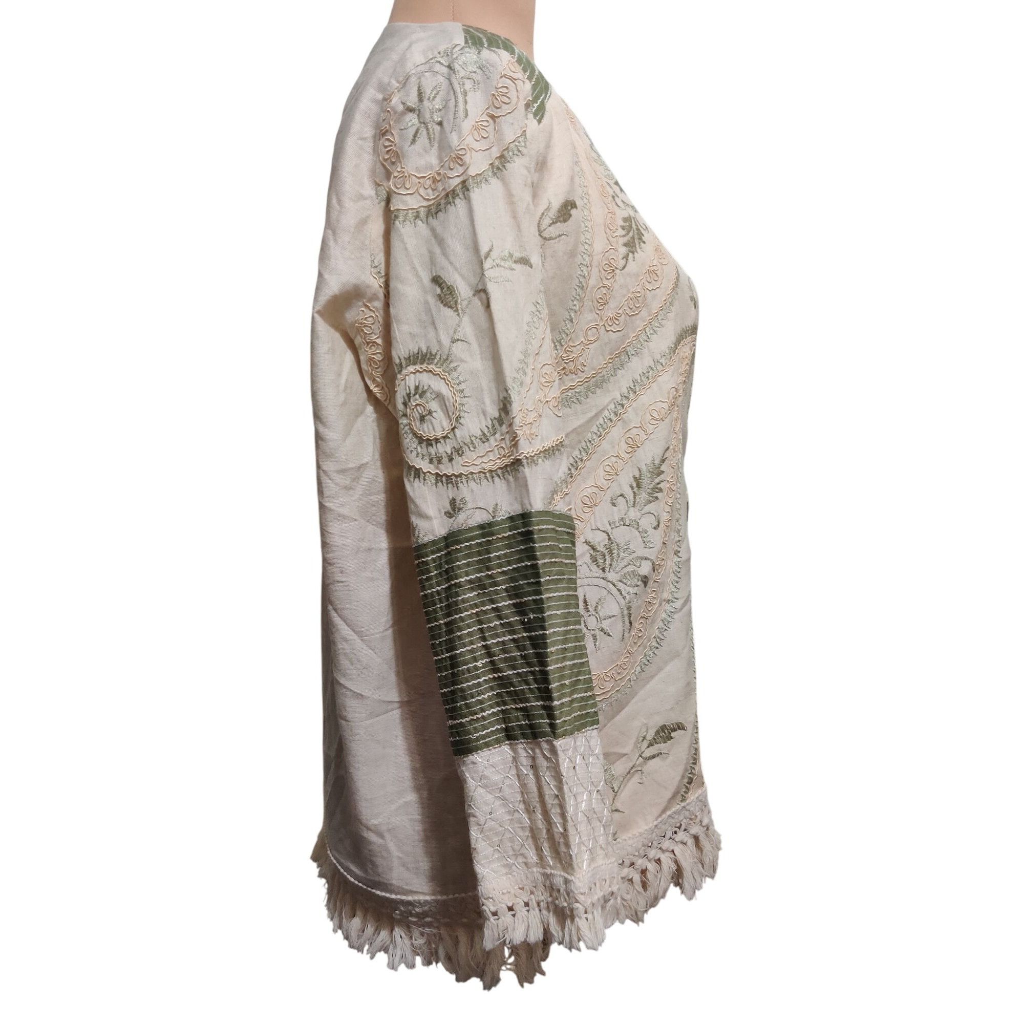 Other Womens L Jacket Boho Embroidered Fringe Cream Green Open Fro Size L / US 10 / IT 46 - 3 Thumbnail