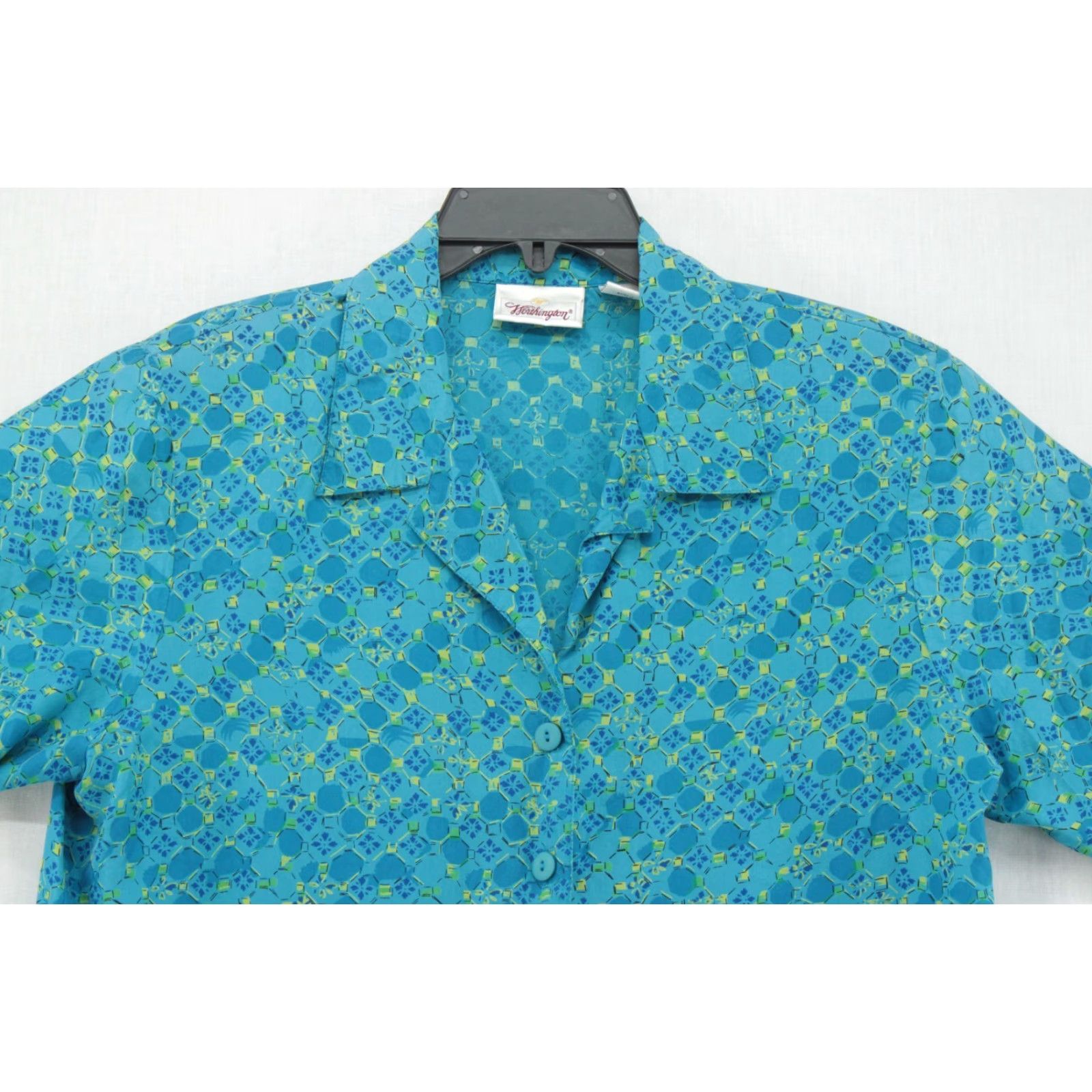 Worthington Worthington Blouse Womens Large Blue Green Silk Short Sleeve Y2K Shoulder Pads Shirt Womens L Blue Silk Short Sleeve Button-Up 90s Bohemian Preppy Size L / US 10 / IT 46 - 2 Thumbnail