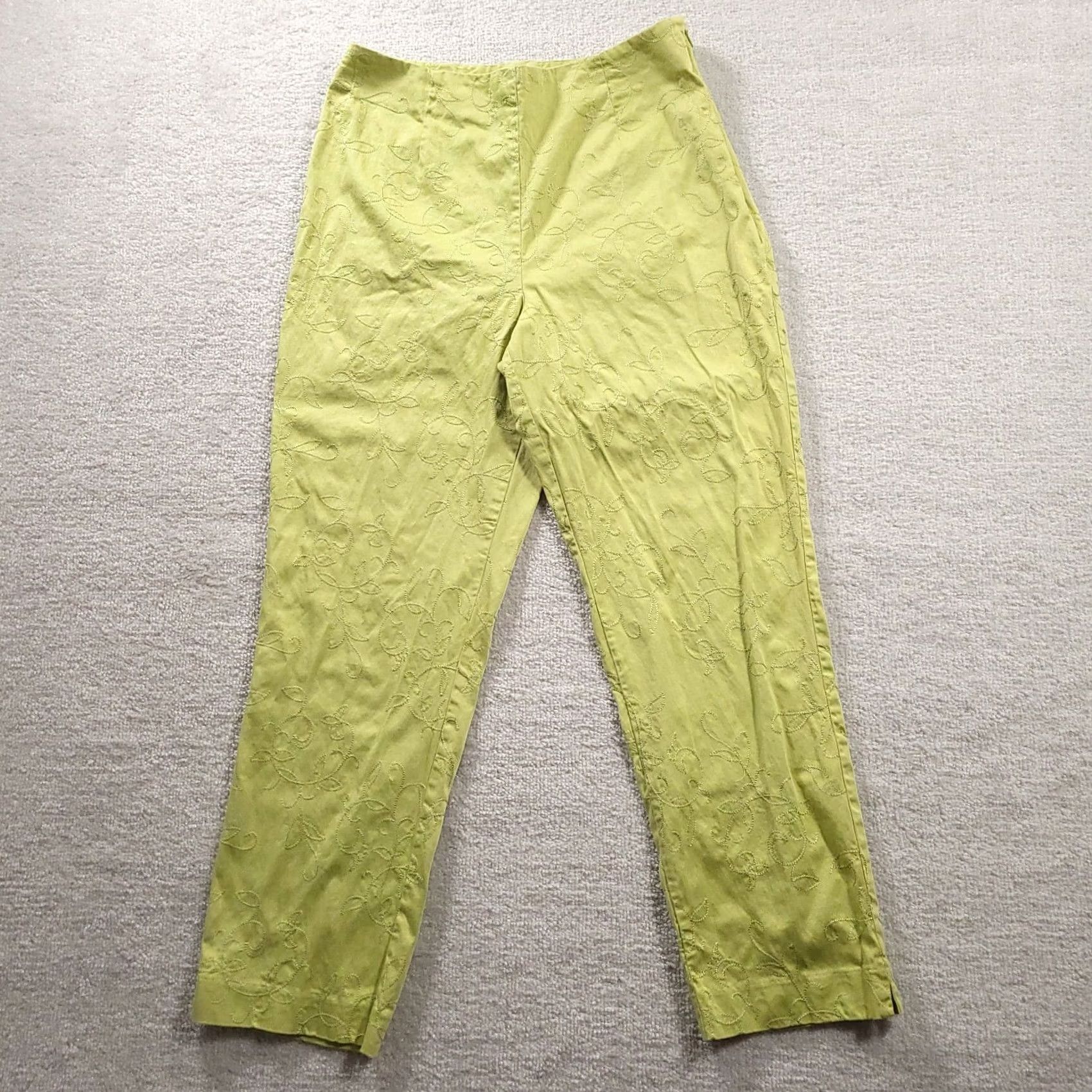 Vintage Dressbarn Green Floral Embroidered Cropped Pants Capri Size 10 Side Zip Size 32" / US 10 / IT 46 - 2 Thumbnail