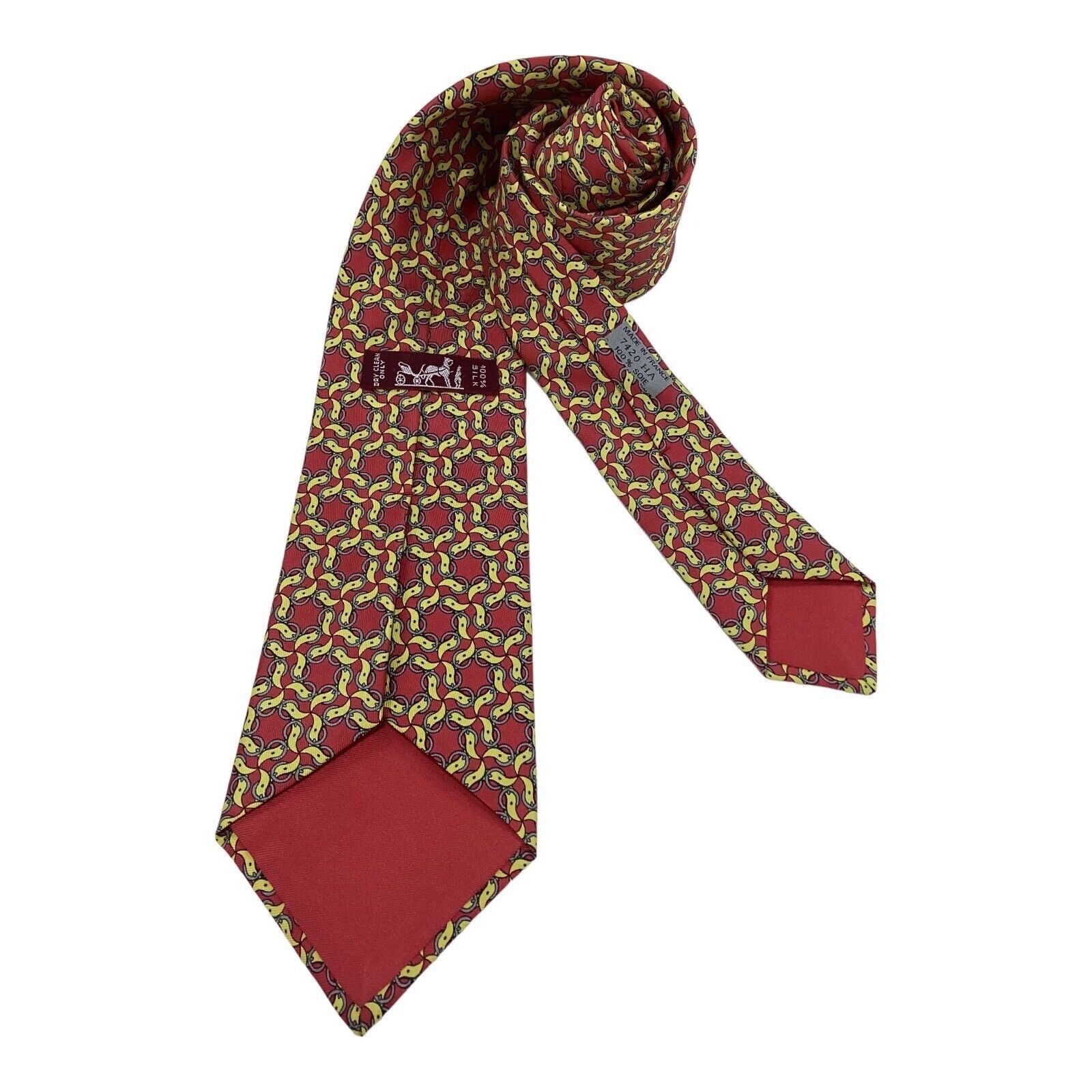 Hermes HERMES PARIS Vintage 7420 HA Red Yellow Belt Print Silk Tie Size ONE SIZE - 2 Thumbnail