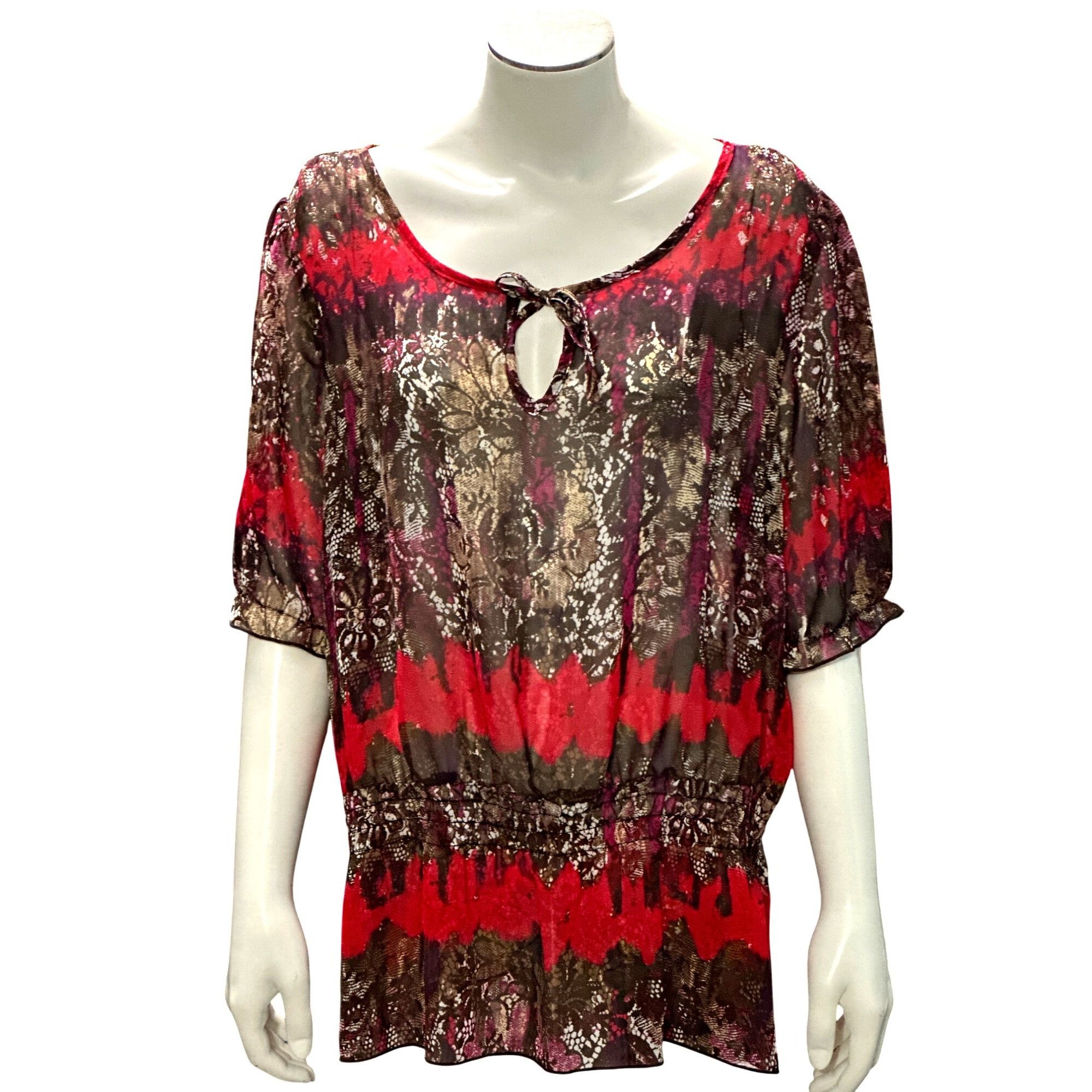Other AGB XL Sheer Lace Tunic Red Black Snake Tie Neck Blouse Roma Size XL / US 12-14 / IT 48-50 - 2 Thumbnail