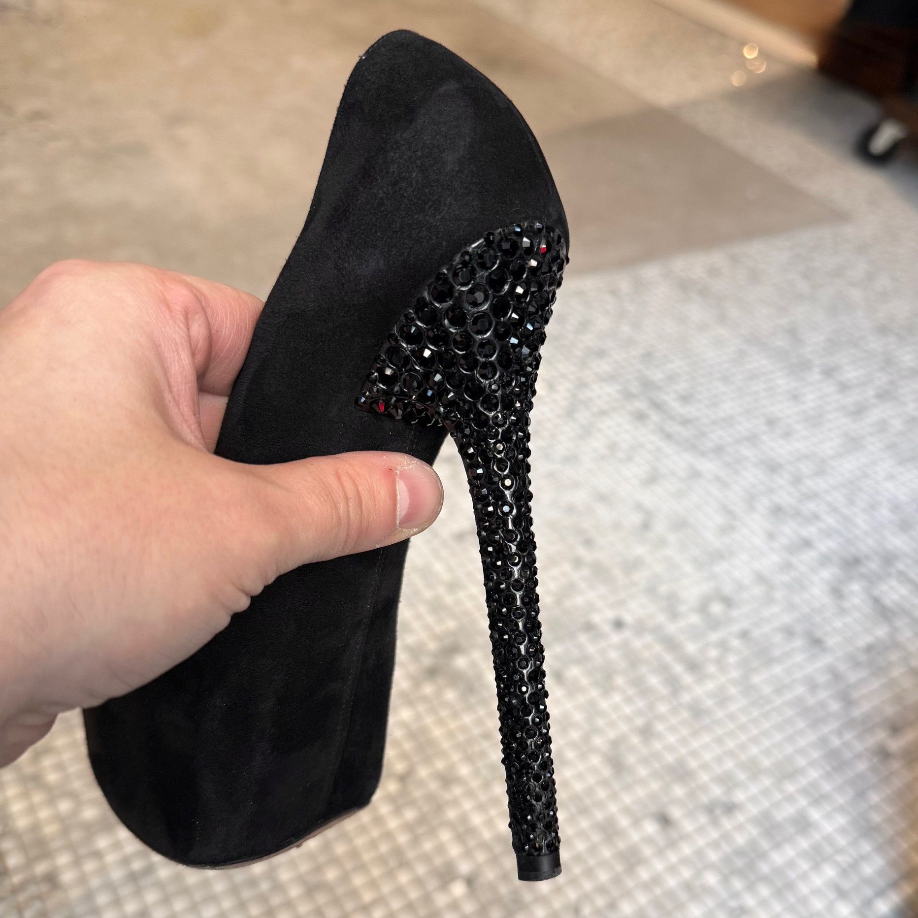 Jimmy Choo Jimmy Choo Black Suede Crystal Heels Platform Esam Pumps Size US 6.5 / IT 36.5 - 11 Thumbnail