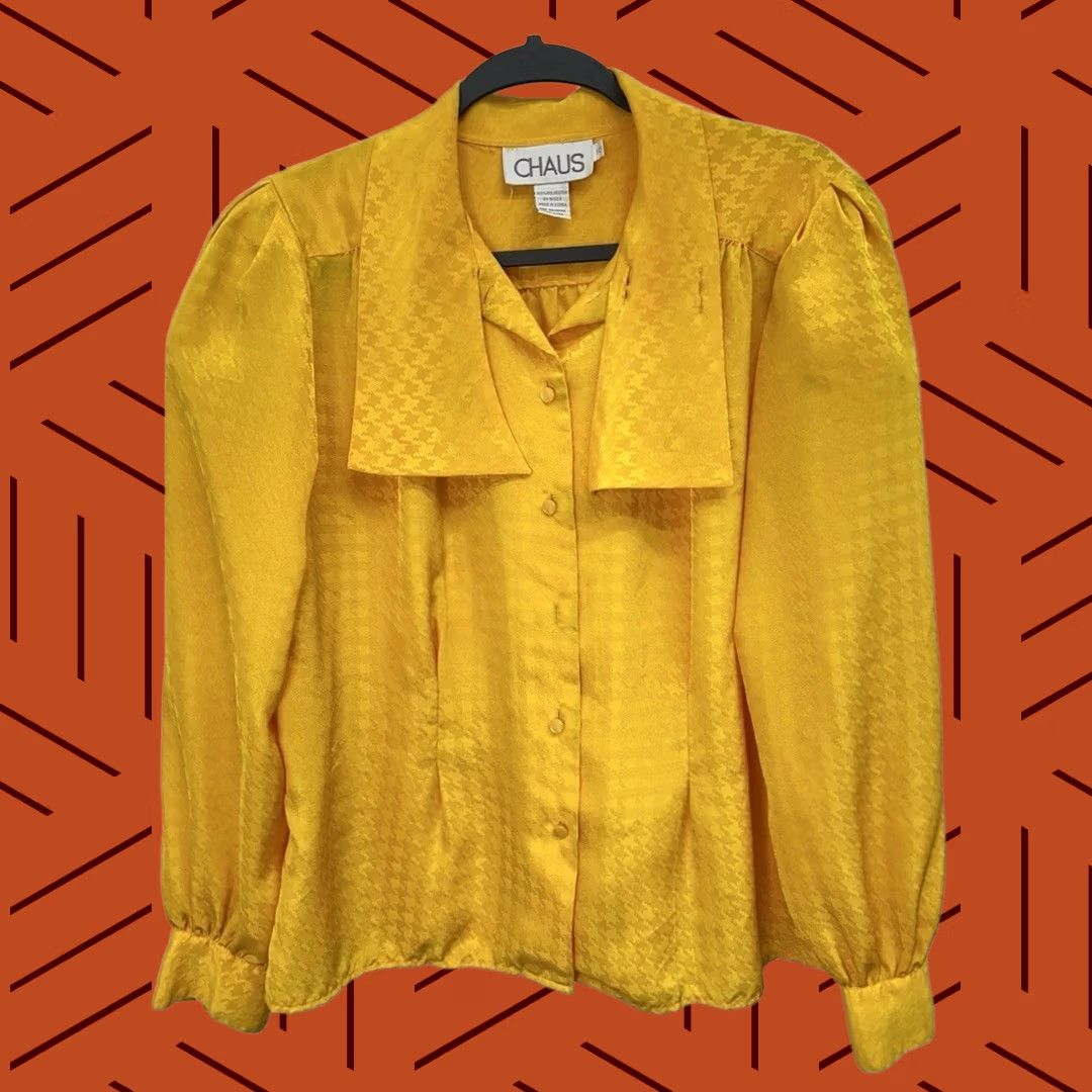 Brighton VINTAGE CHAUS Blouse Yellow Button Front Tie Neck Puff Sleeve Size 10 Womens Size L / US 10 / IT 46 - 1 Thumbnail