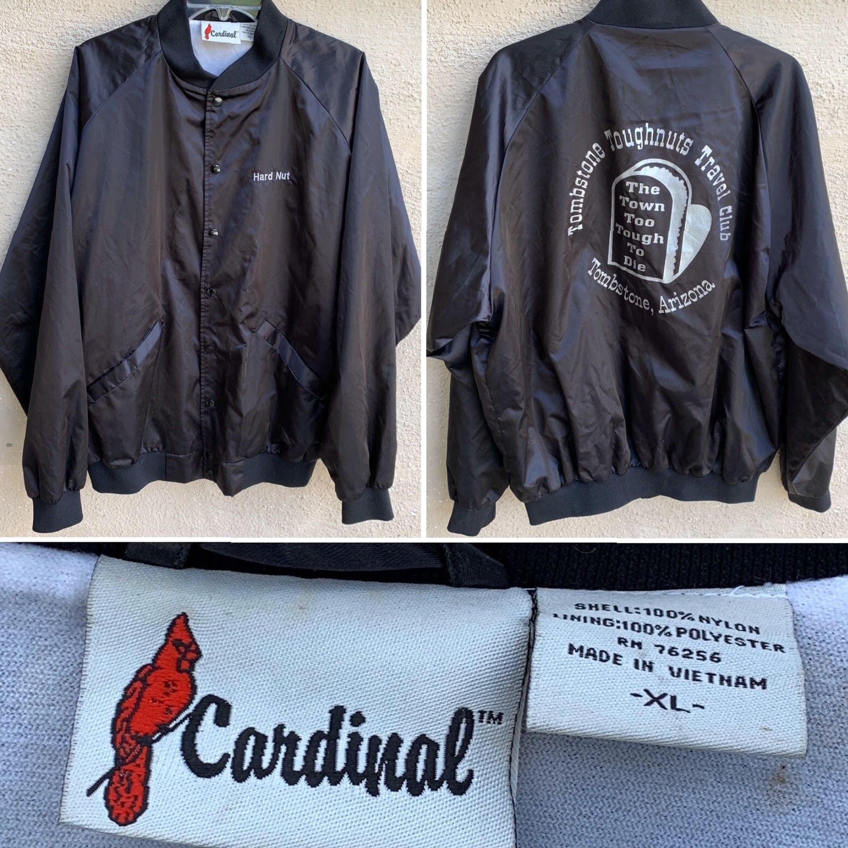 Vintage VINTAGE Tombstone Toughnuts Travel Club Tombstone Arizona Satin Jacket Bomber Hard Nut XL Black Cardinal Satin Jacket Sportswear/Beach 1990s Mens io? Size US XL / EU 56 / 4 - 4 Thumbnail