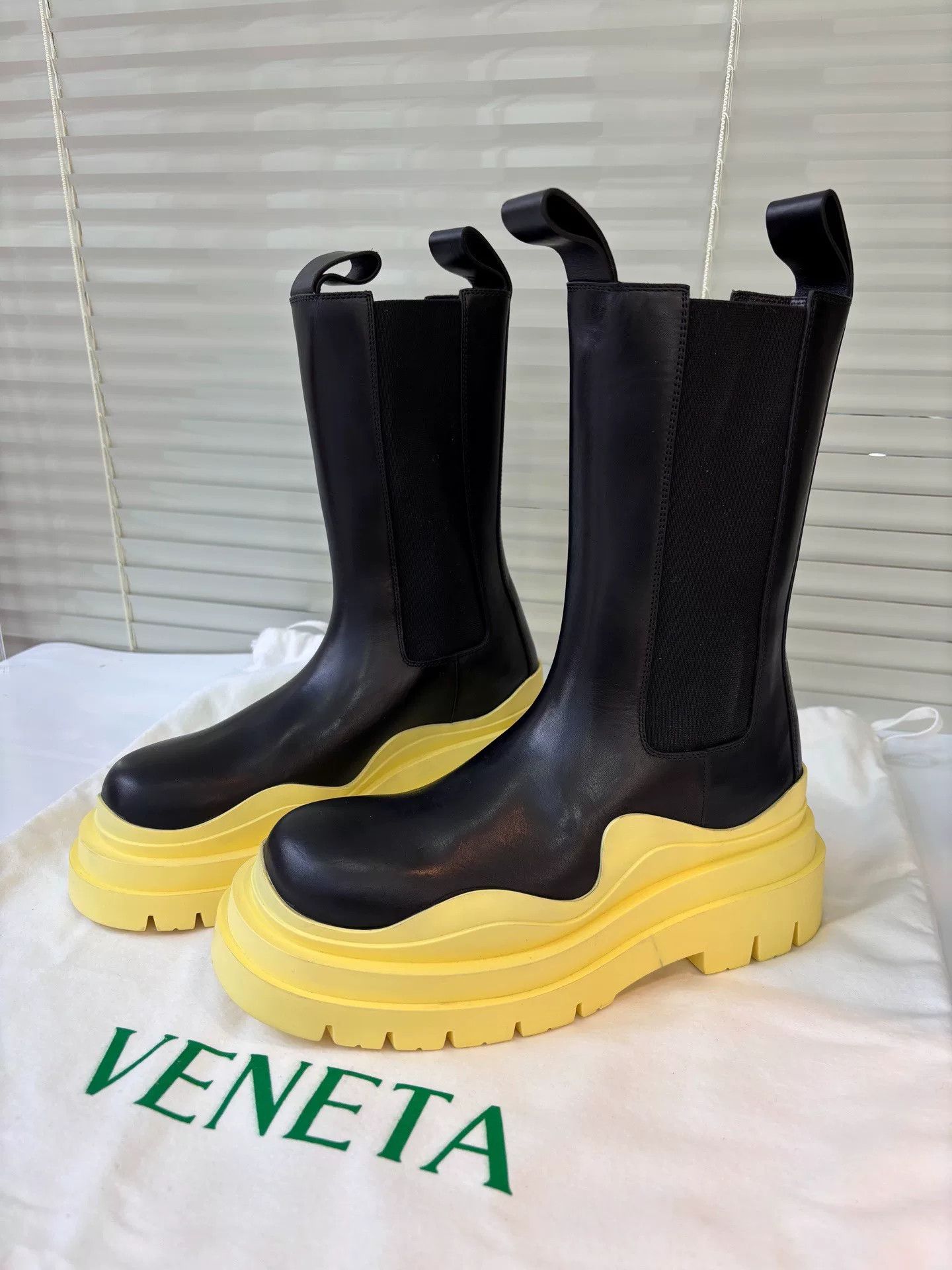 BV By Bodega BV Black Yellow Chelsea Mid-Calf Boots Size US 5.5 / IT 35.5 - 1 Thumbnail