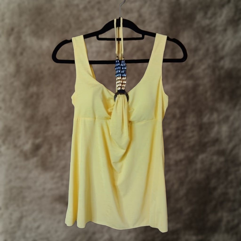 Vintage A. Byer Women's M Sleeveless Blouse Yellow W/attached Halter Necklace Padded Bra (Size Medium)