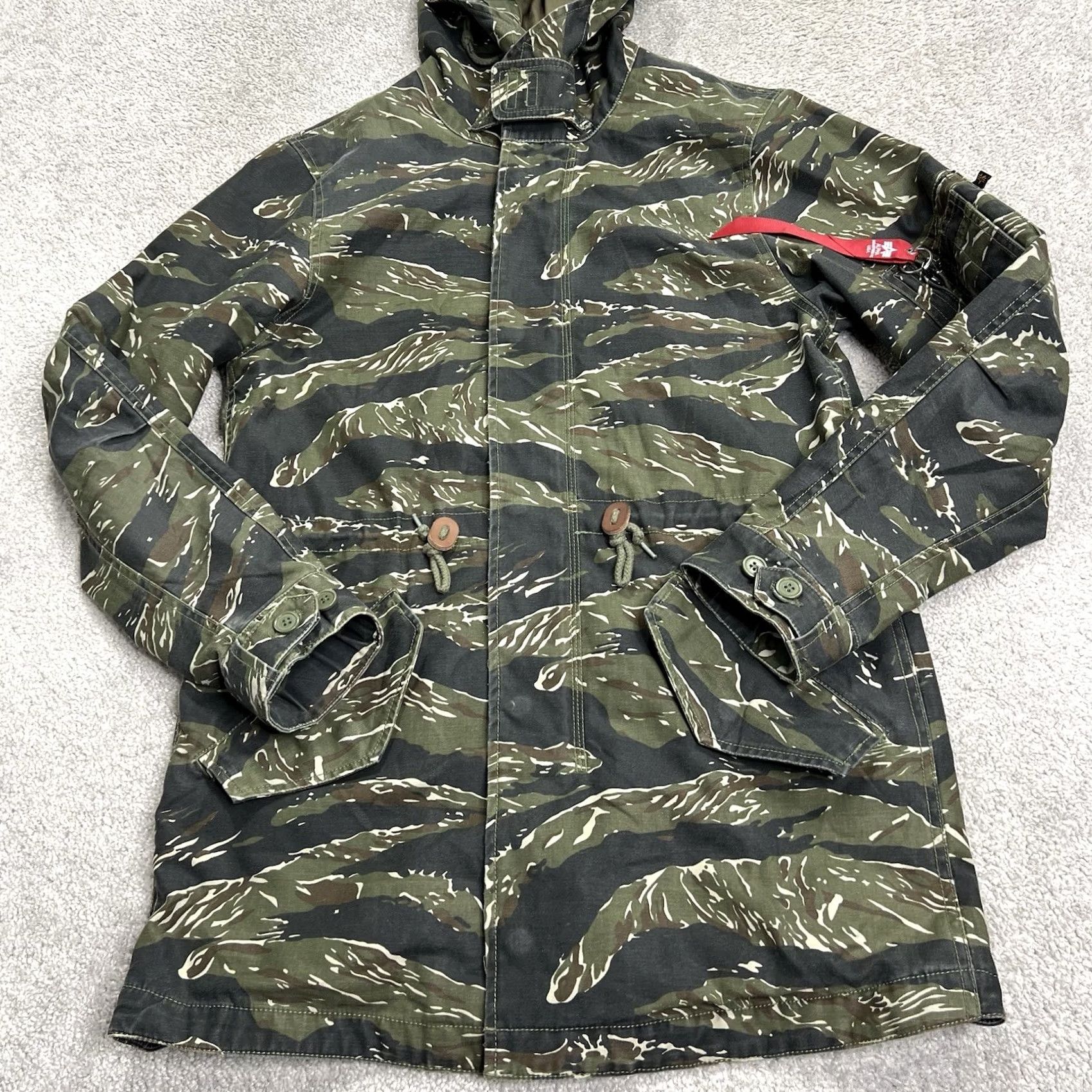 Alpha Industries VINTAGE? No — Alpha Industries Jacket Mens Small Camo Hooded Field Coat Tiger Stripe Zip Green Jacket Size US S / EU 44-46 / 1 - 4 Thumbnail