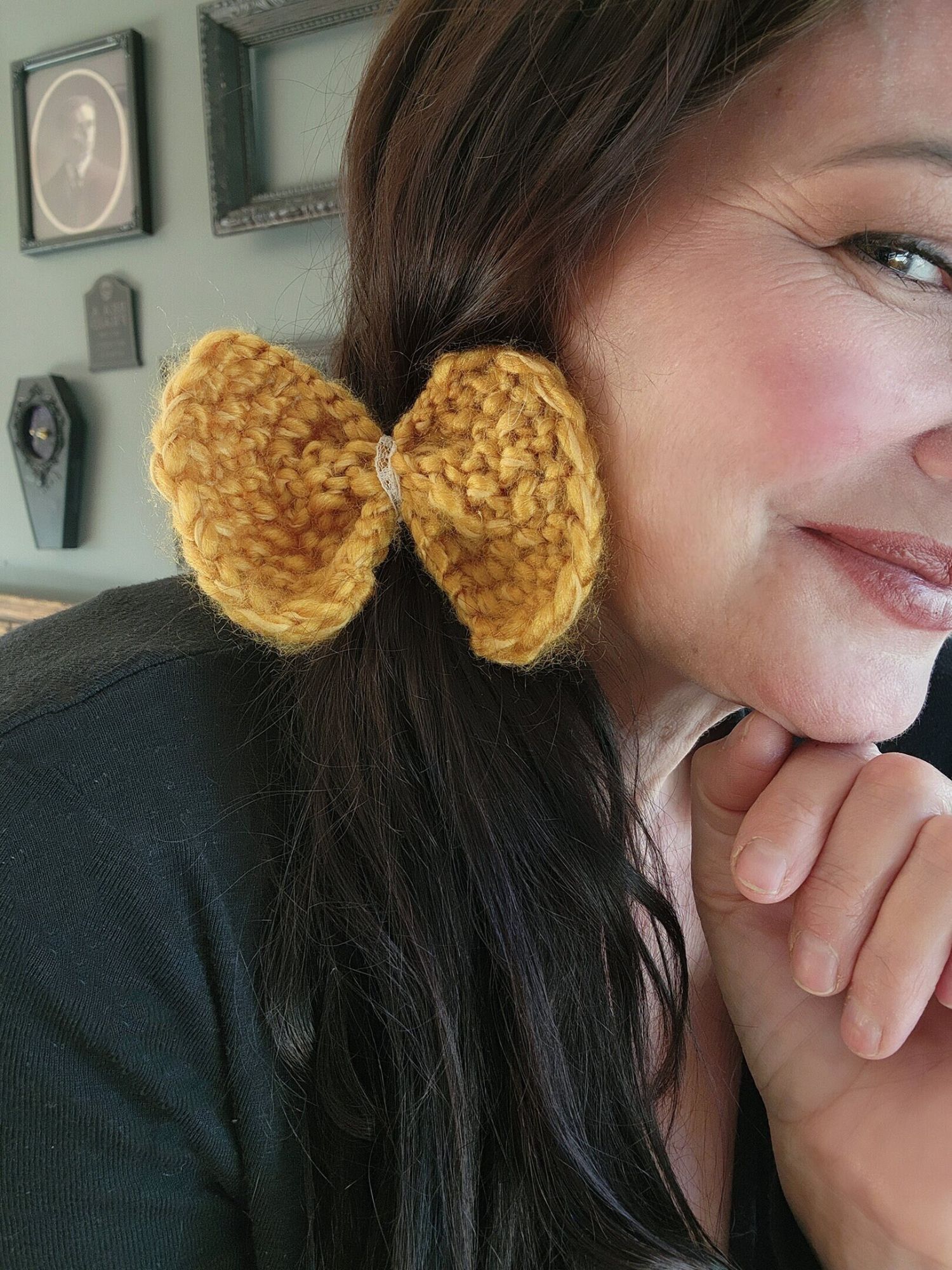 Handmade Knit Hair Bow, Handknitted Golden Yellow Ponytail Holder or Size ONE SIZE - 1 Thumbnail