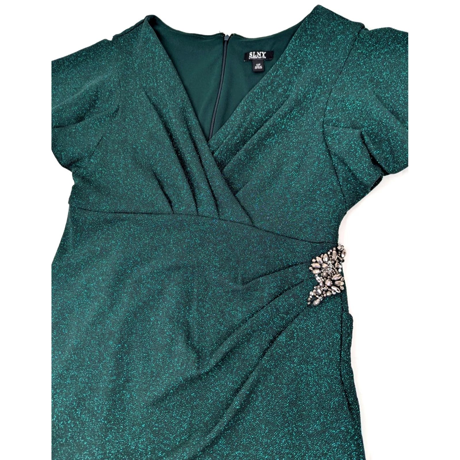 Vintage SLNY Green Glitter Metallic Sheath Dress Women 12P Surplice VNeck Flutter Sleeve Short Sleeve Giftless Size XL / US 12-14 / IT 48-50 - 2 Thumbnail