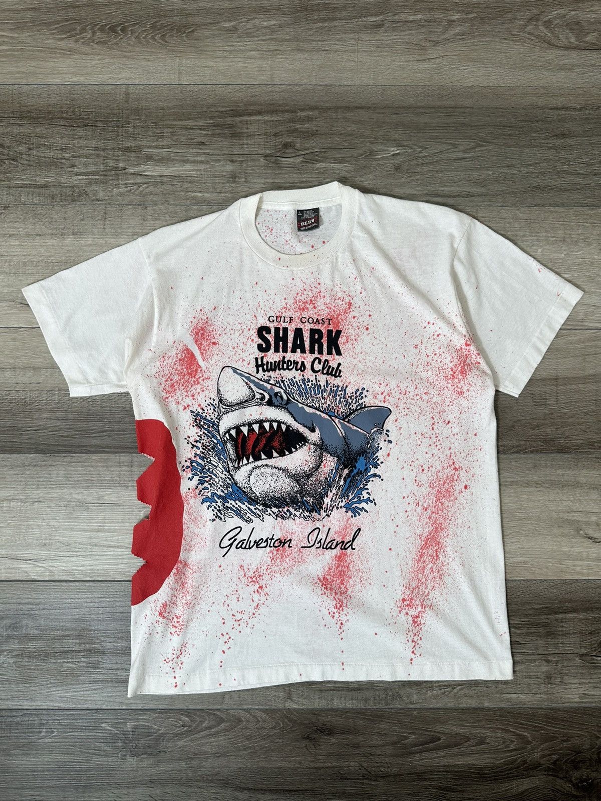 Image of Vintage Bloody Gulf Coast Shark Hunters Club Galveston Tee in White, Men's (Size Large)