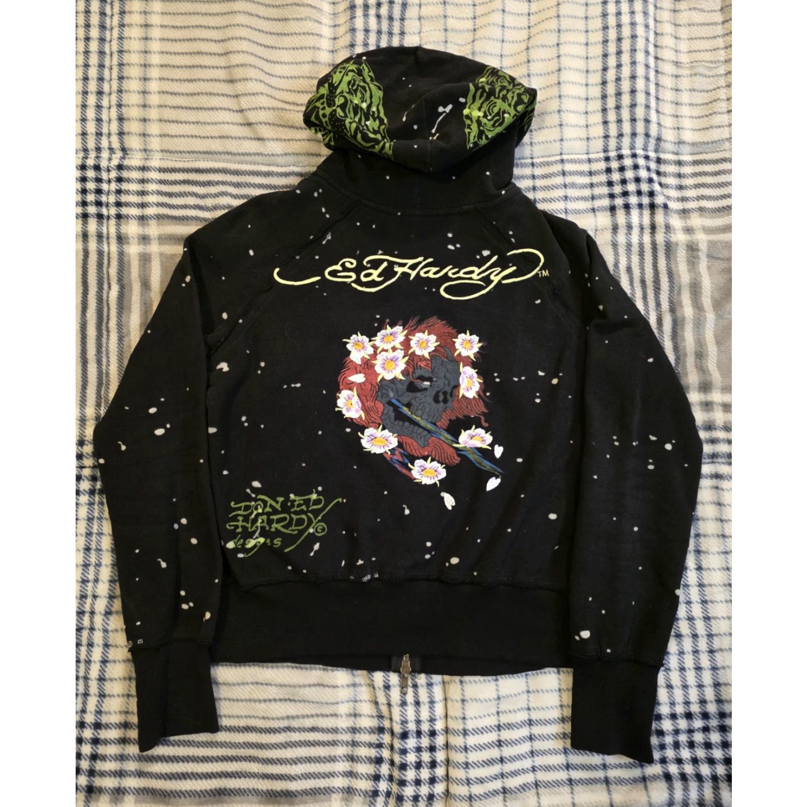Ed Hardy VINTAGE Ed Hardy Hoodie Full Zip Embroidered Skull Flowers Lion Black Womens Small Size S / US 4 / IT 40 - 2 Thumbnail