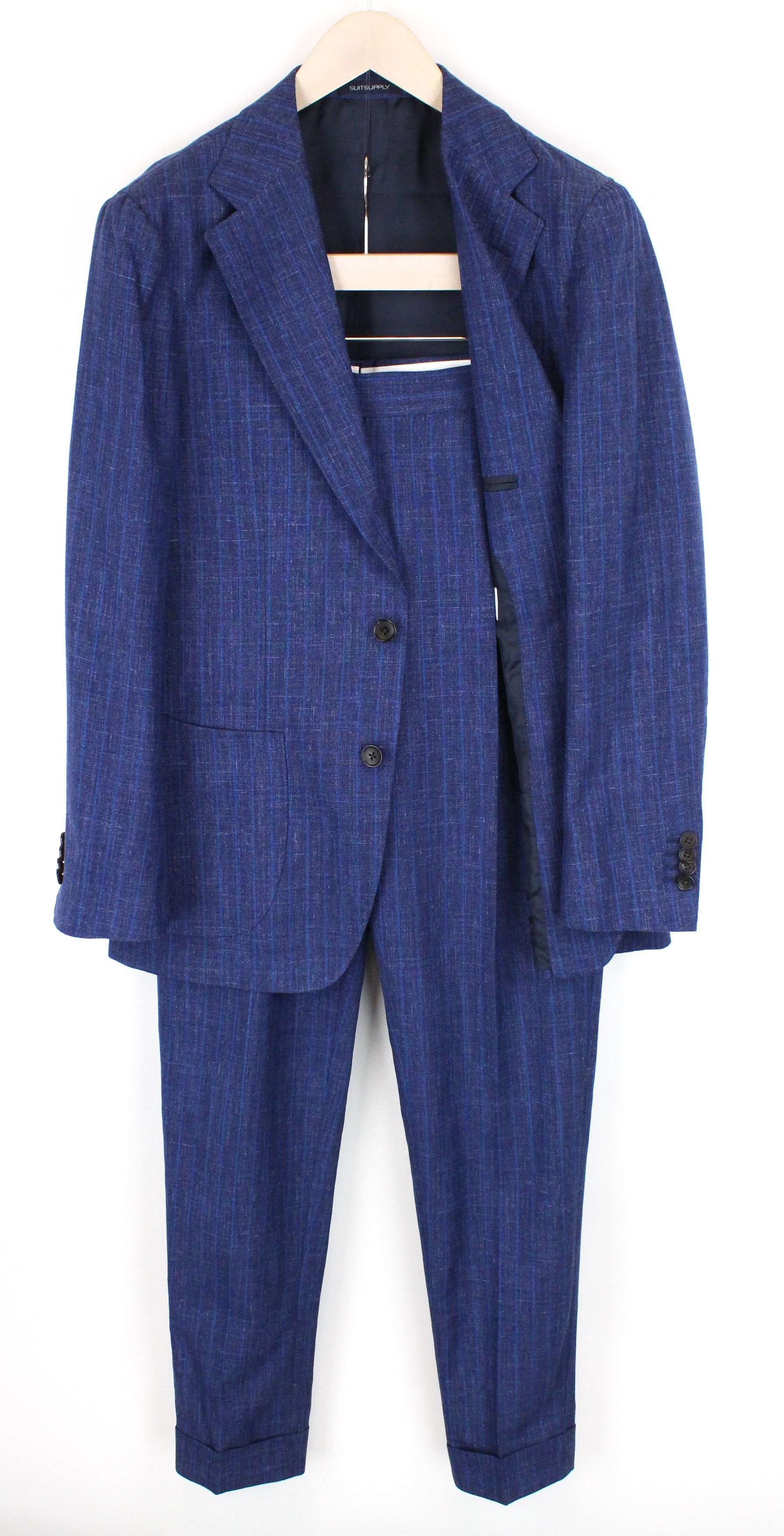 image of Suitsupply Havana Tulip Uk38R Striped Blue Slim Wool Silk Linen 54812, Men's