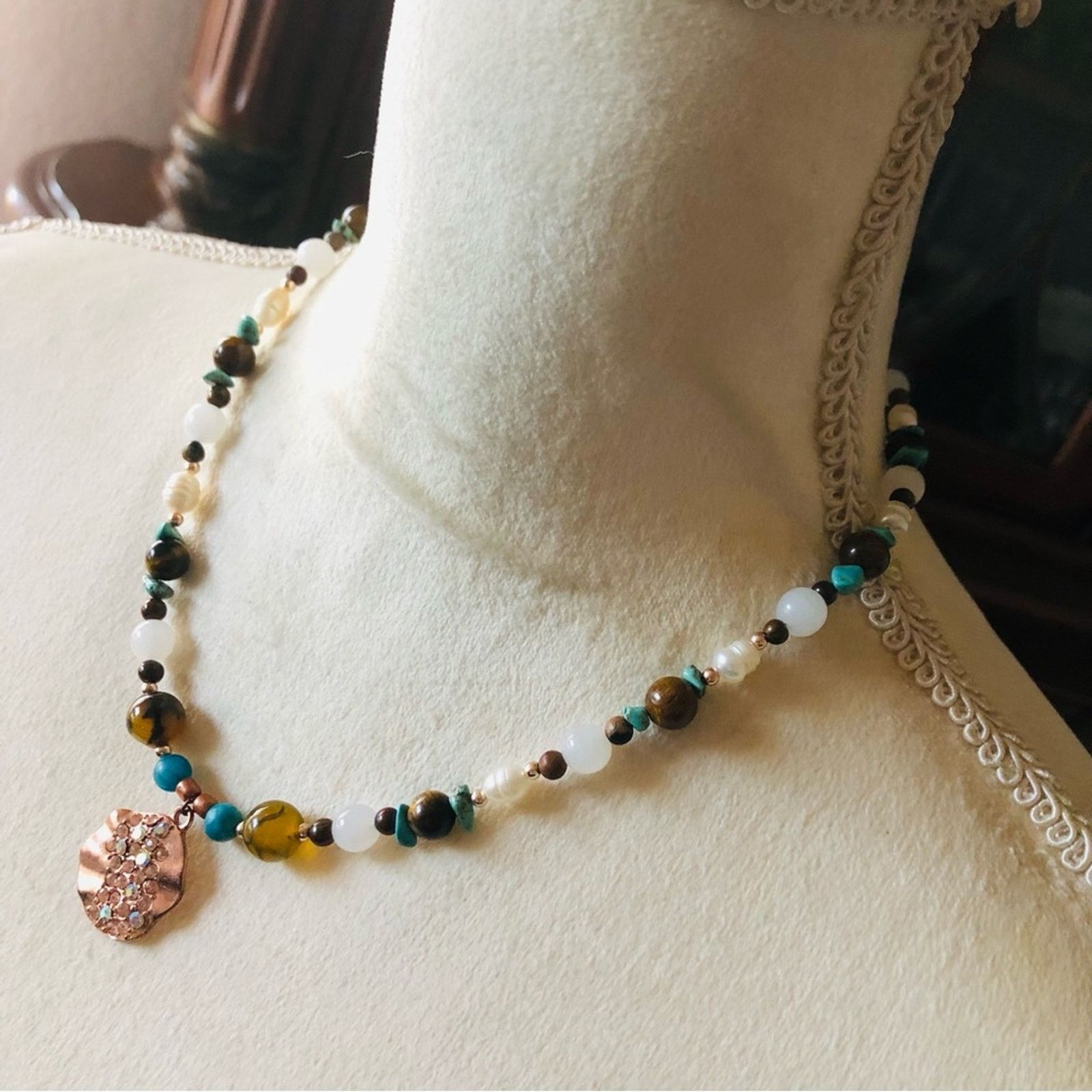 Handmade Handcrafted howlite jasper tiger eye pearl necklace Size ONE SIZE - 3 Thumbnail