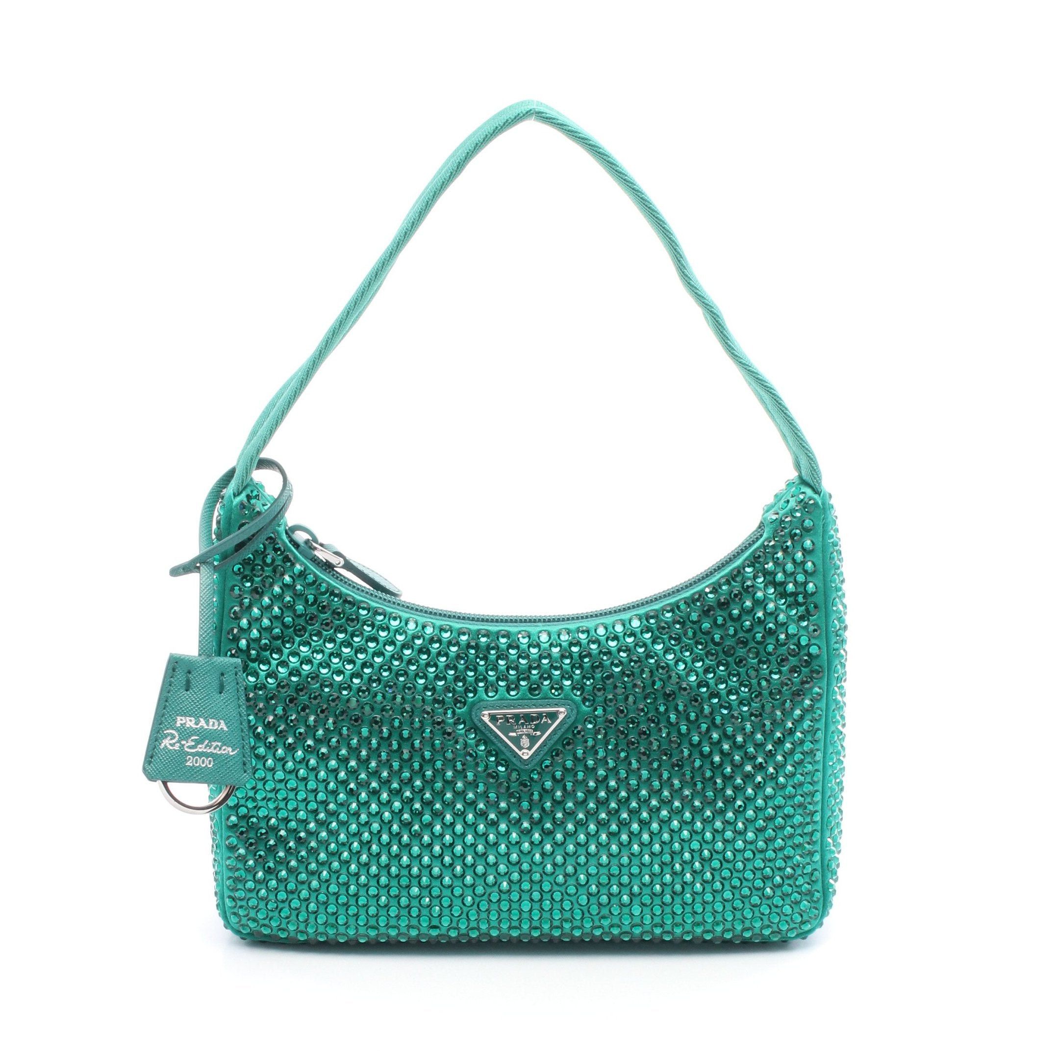 Prada Re-Edition 2000 Handbag Satin Rhinestone Green
