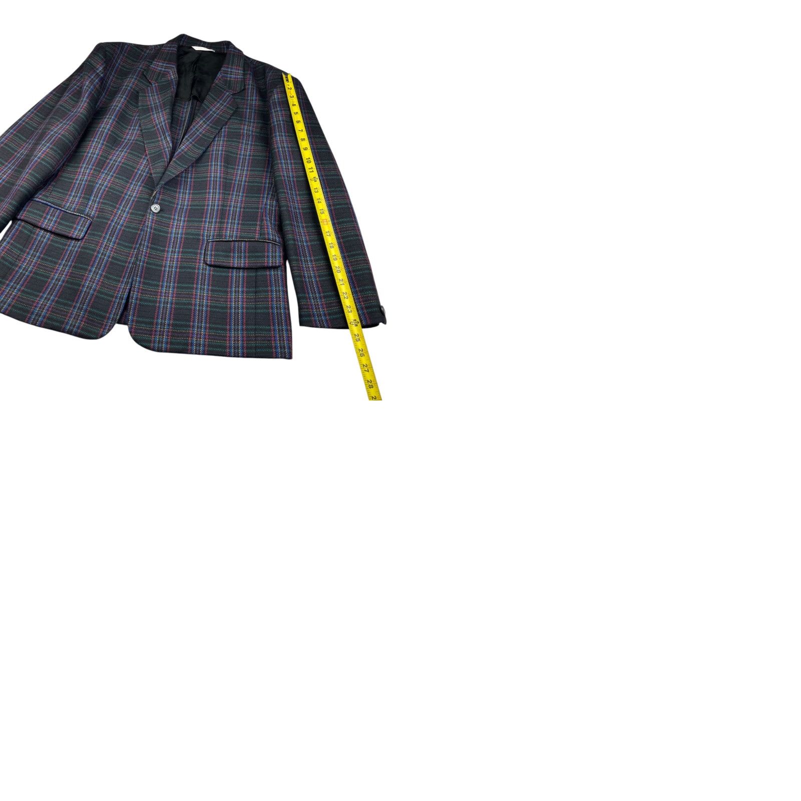 Perry Ellis VTG Perry Ellis Men's 100% Wool Knit Blazer Black Colorful Plaid 44R One-Button Notch Lapel Jacket/Coat Size 44R - 9 Thumbnail