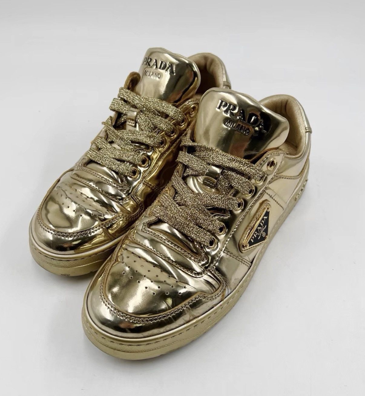 Prada Prada Gold Downtown Leather Round-Toe Low-Top Sneakers K12 Size US 7.5 / IT 37.5 - 1 Thumbnail