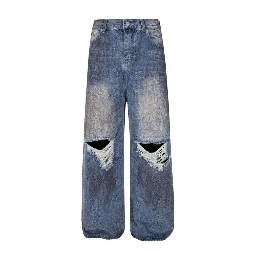 Japanese Brand × Vintage Retro street loose wide-leg straight ink-splashed hole jeans Size US 32 / EU 48 - 1 Thumbnail
