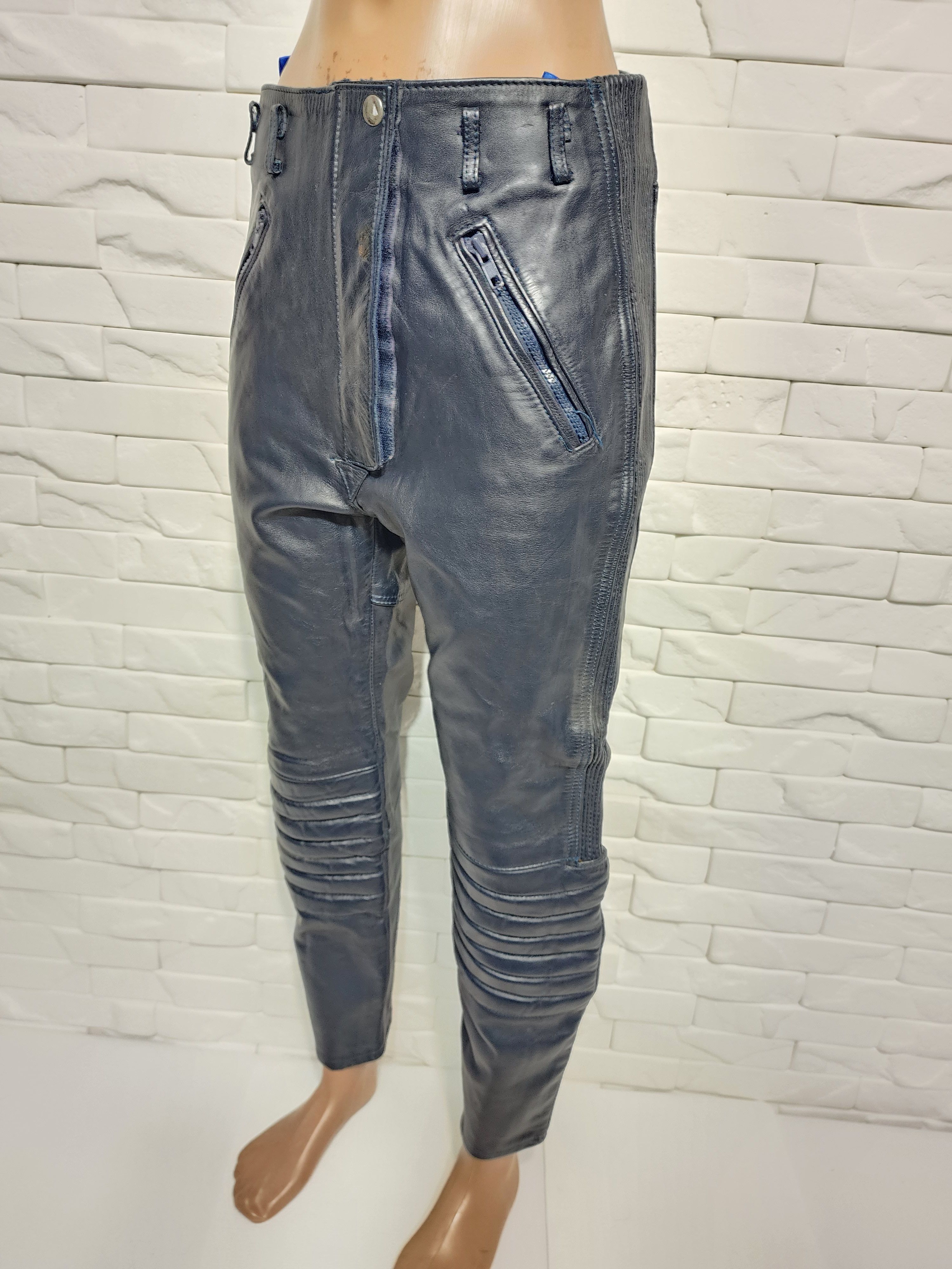 Genuine Leather Blue Leather Biker Pants: Size 29" - 2 Thumbnail