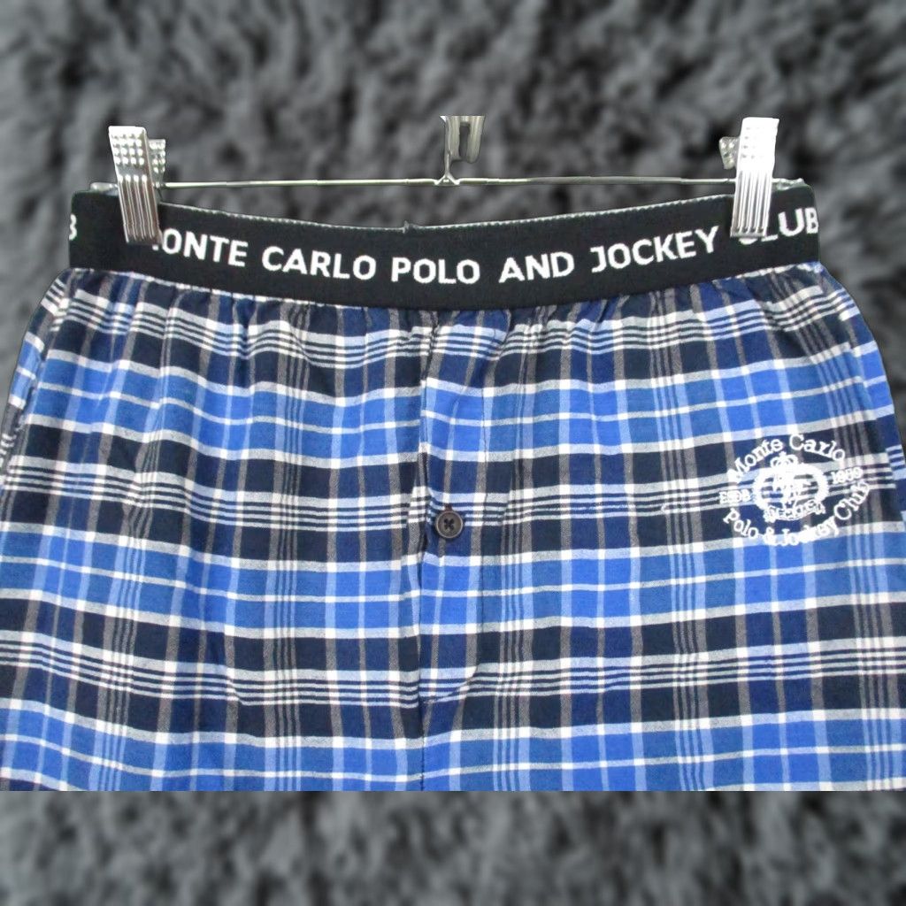 Vintage Monte Carlo Polo Pajama Pants Men Loungewear Blue Plaid Logo Cotton Regular Medium M Size US L / EU 52-54 / 3 - 1 Thumbnail