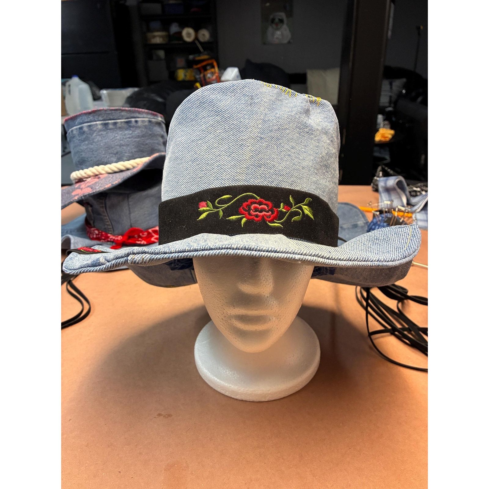 Other Upcycled Denim Western Hat — Embroidered Rose Band, Blue Size ONE SIZE - 1 Thumbnail