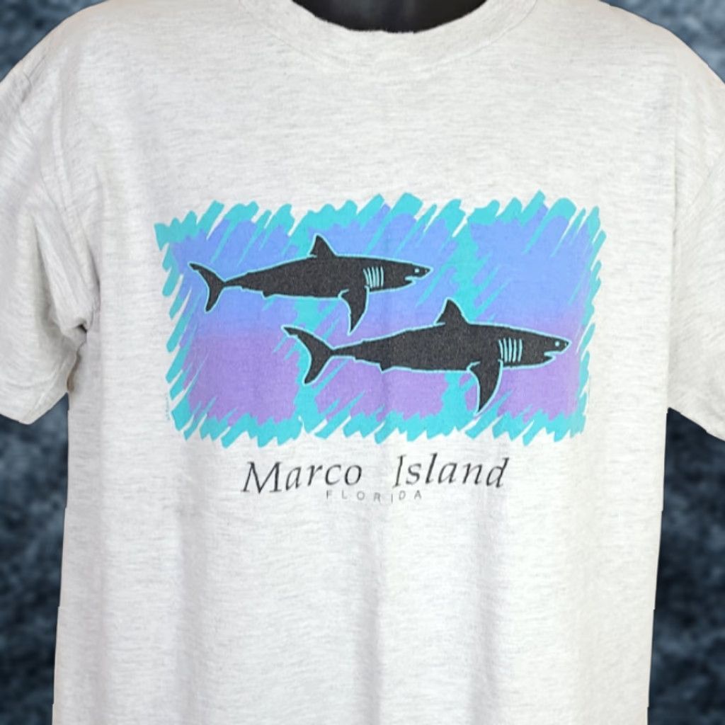 Vintage VINTAGE Sharks T Shirt Mens Size Large 90s Marco Island Florida Made In USA Size US L / EU 52-54 / 3 - 1 Thumbnail