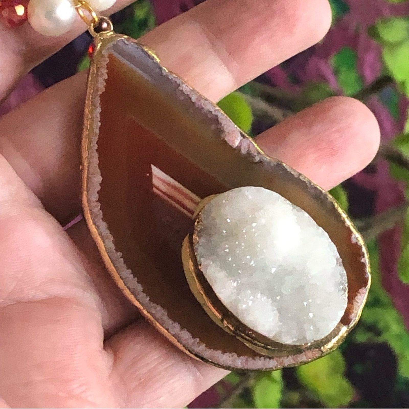 Handmade Handcrafted repurpose drusy agate slab Pearl necklace Size ONE SIZE - 2 Thumbnail