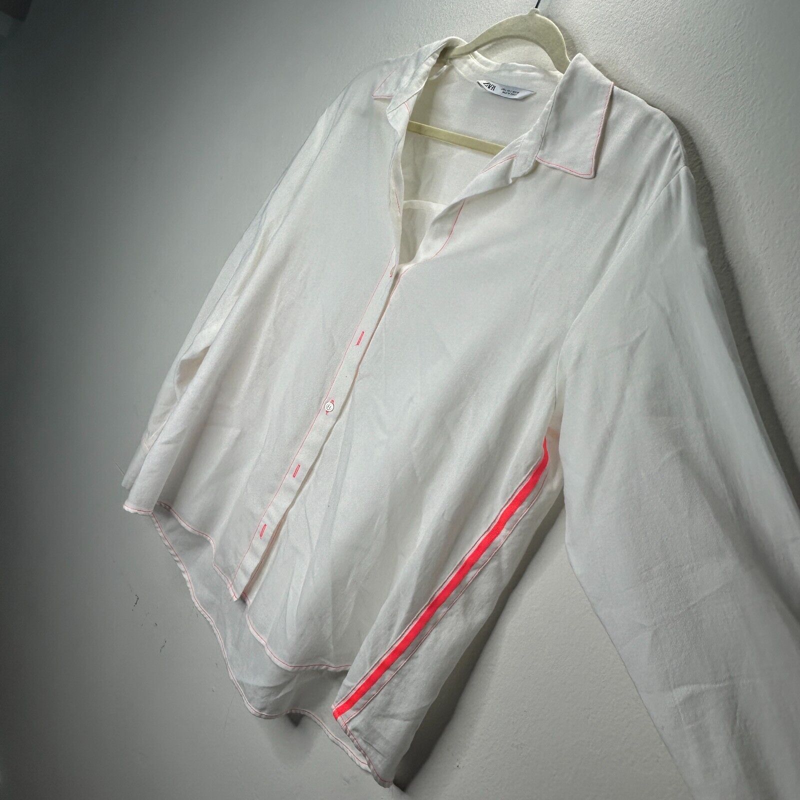 Zara Zara Off White Pink Stitch Button Long Sleeve Collar Shirt L Size L / US 10 / IT 46 - 3 Thumbnail