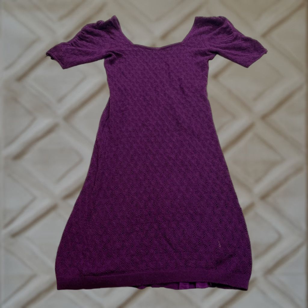 Vintage UNBRANDED Square Neck Sweater Dress Juniors L Purple 3/4 Sleeve Midi Women's Style Dress Size L / US 10 / IT 46 - 1 Thumbnail