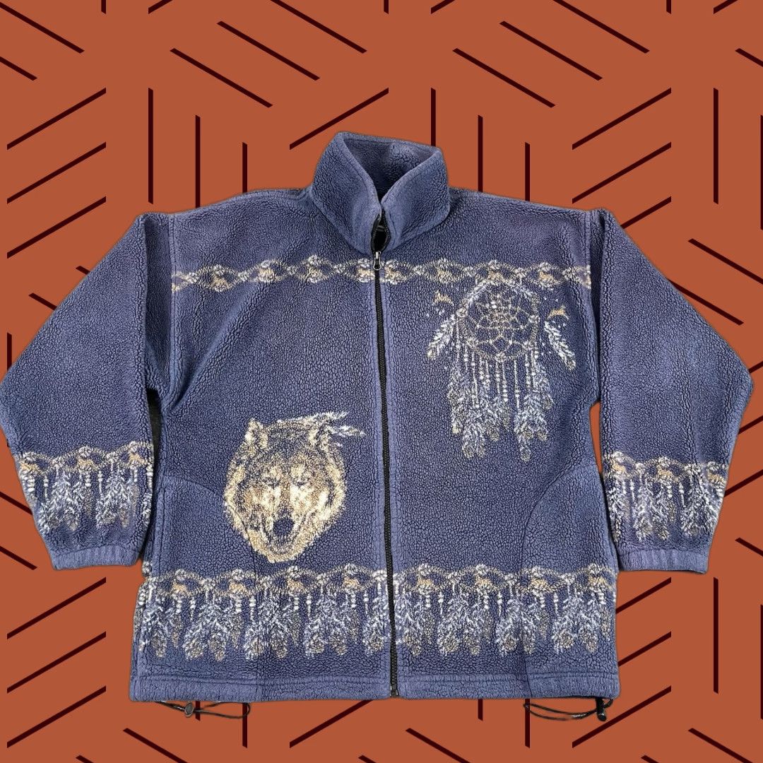 Native VINTAGE Sweater Adult Men Large Blue Fleece Wolves Native Tribal Nature Full Zip Men Size US L / EU 52-54 / 3 - 1 Thumbnail