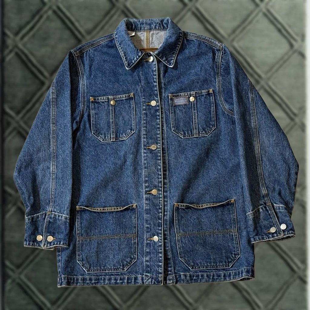 CO VINTAGE Lauren Jeans Co. Denim Chore Jacket Medium Women’s 90s Utility Barn Coat Blue Long Sleeve Button Pockets Logo Size 32" / US 10 / IT 46 - 1 Thumbnail