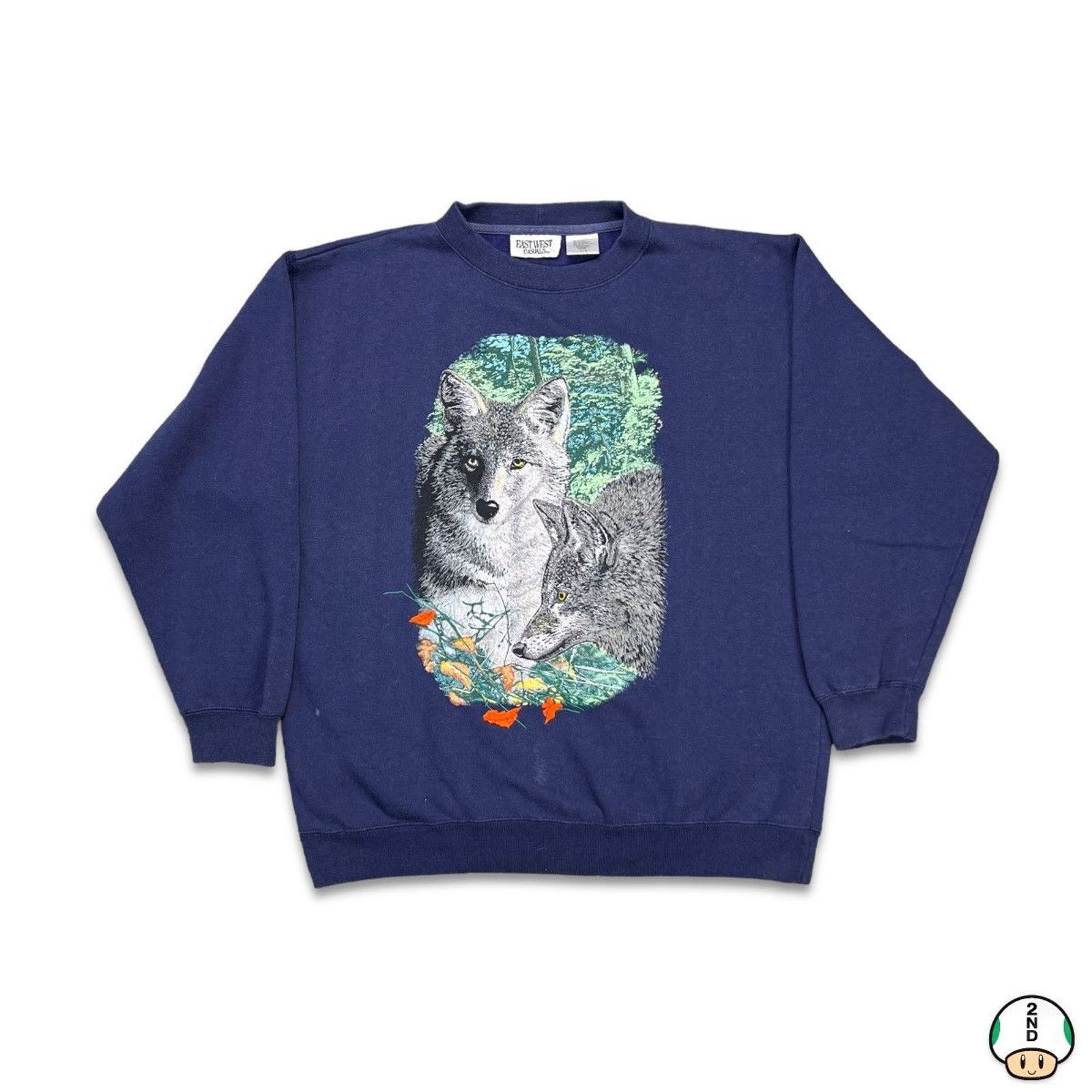 Vintage Vintage 90s Wolf Sweatshirt Faded Graphic Animal Pullover Size US M / EU 48-50 / 2 - 1 Thumbnail