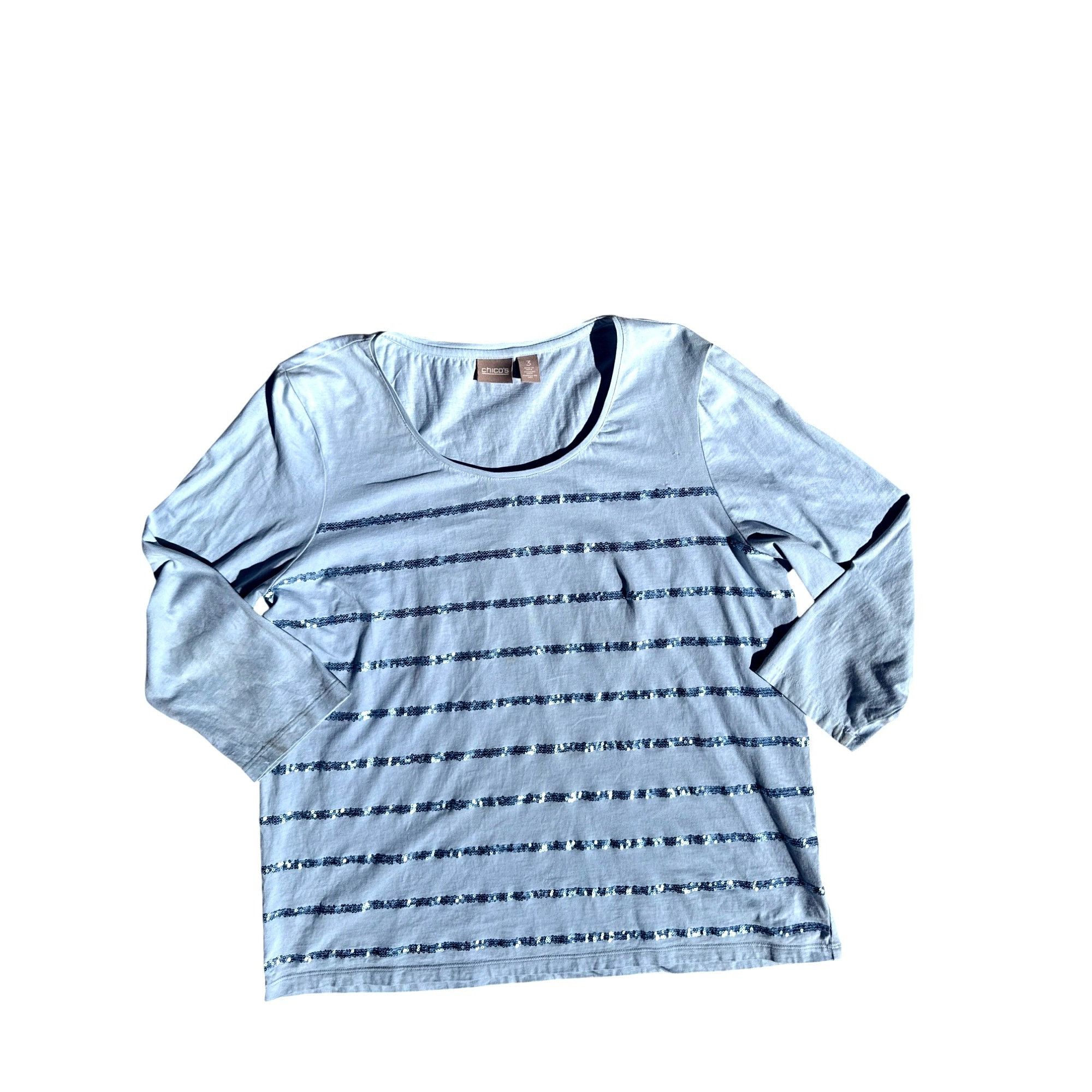 Chicos Chicos Light Blue Green Sequin Striped Long Sleeve Top Blous Size XL / US 12-14 / IT 48-50 - 11 Thumbnail