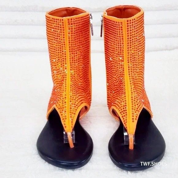 Other Just Doit Rhinestones Flat Bootie Thong Sandals Orange (US S Size US 7 / IT 37 - 2 Thumbnail