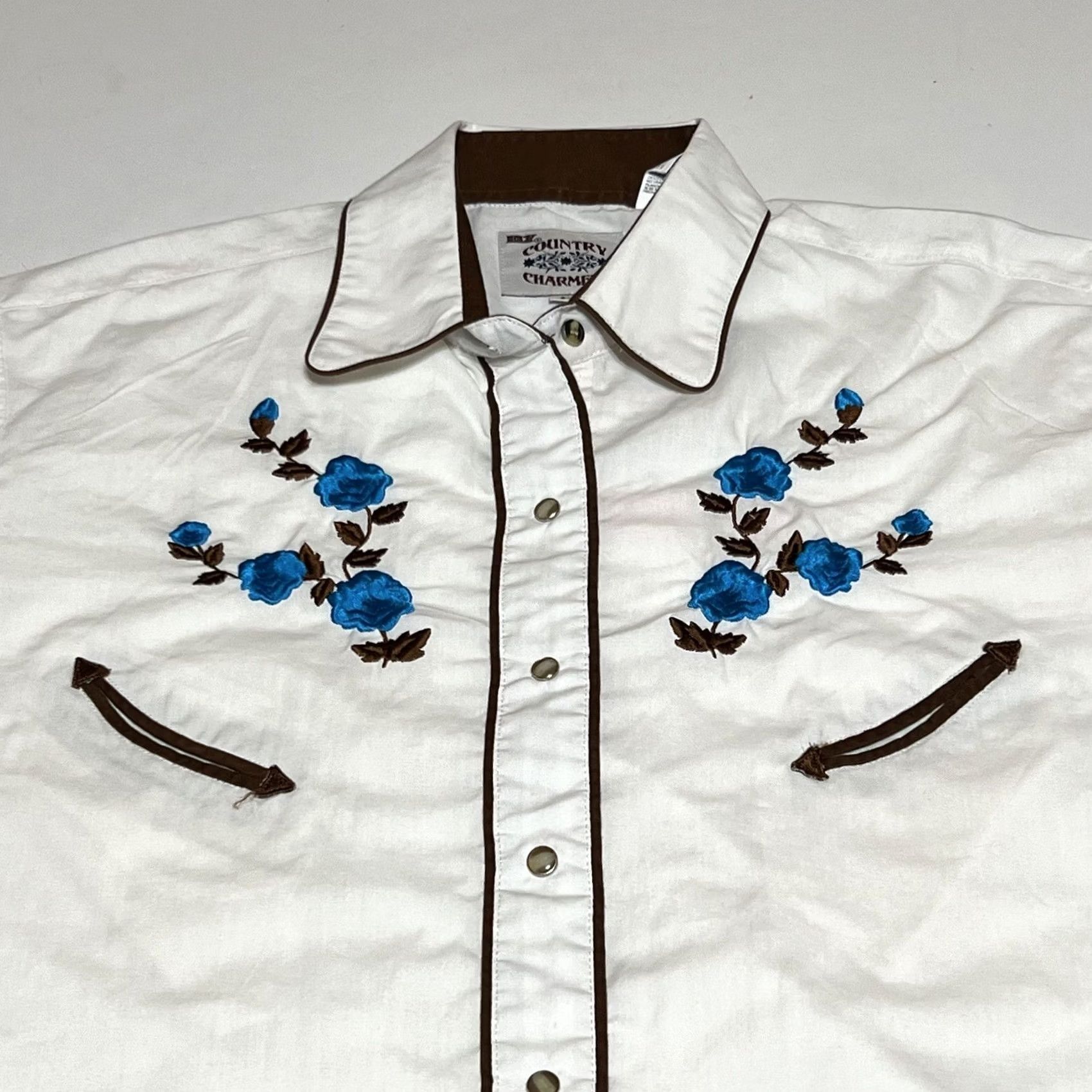 Vintage Ely Shirt Women's L White Flower Western Button-Up Pockets Rose Cowboy Embroidered Snap Tie Dye? Size L / US 10 / IT 46 - 2 Thumbnail