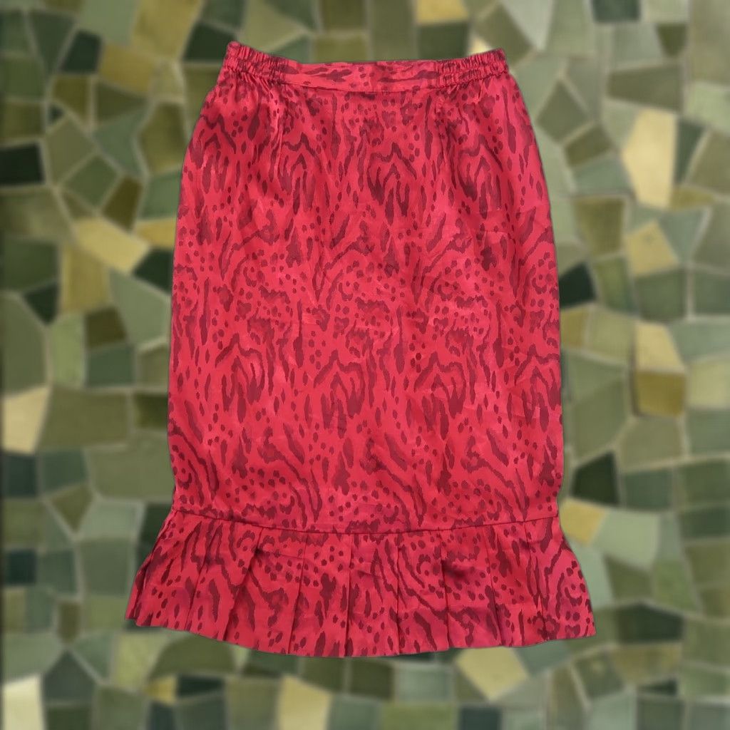 Vintage VINTAGE 90s Dark Red Animal Print Satin Flared Hem Midi Trumpet Skirt M Size 32" / US 10 / IT 46 - 1 Thumbnail