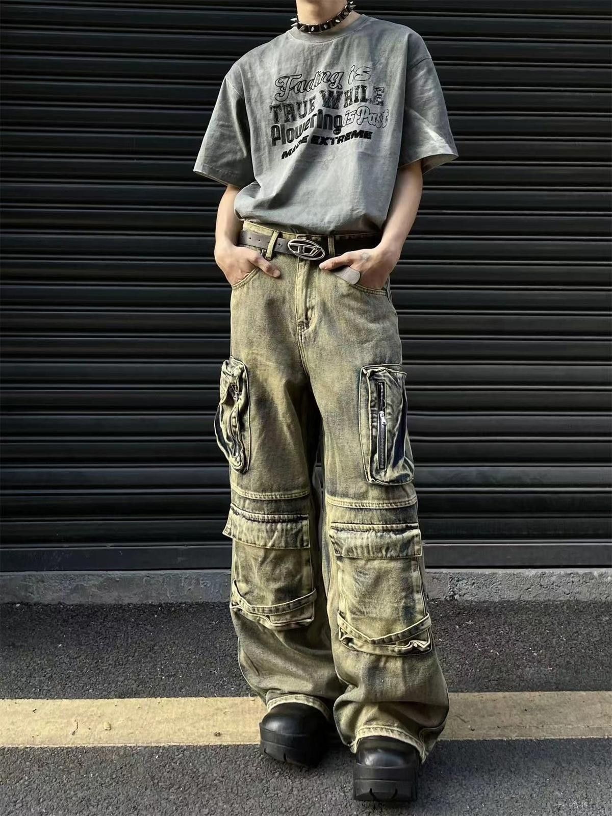 Japanese Brand Khaki Baggy / Chunky Bleached Cargo Wide Leg Jeans Size US 32 / EU 48 - 2 Thumbnail