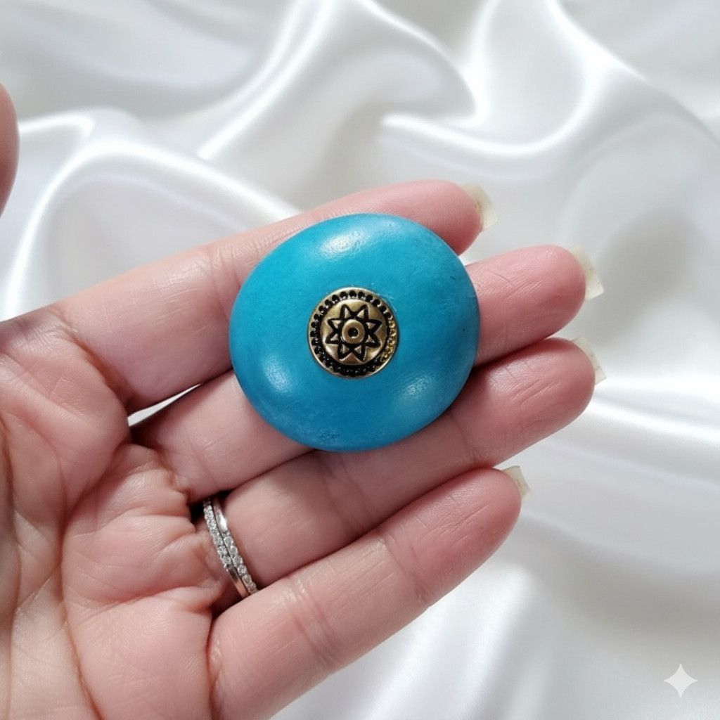 Handmade Artistic Button Earrings Clip On Turquoise Wood Brass Paint Size ONE SIZE - 7 Thumbnail